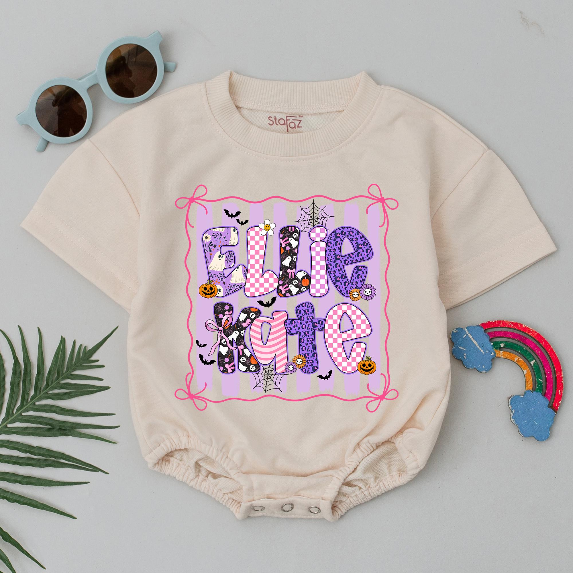 Ellie Kate Halloween Baby Girl Bubble Romper with Ghosts, Bats, and Spiderwebs, Custom Name Outfit for Fall Pumpkin Patch Photos
