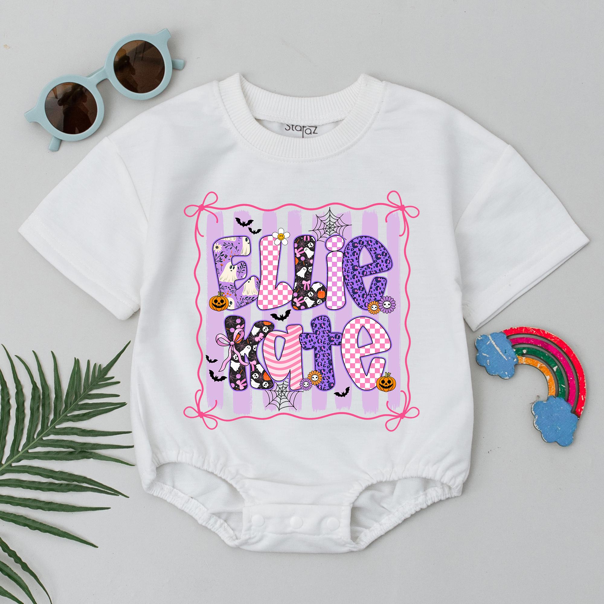 Ellie Kate Halloween Baby Girl Bubble Romper with Ghosts, Bats, and Spiderwebs, Custom Name Outfit for Fall Pumpkin Patch Photos