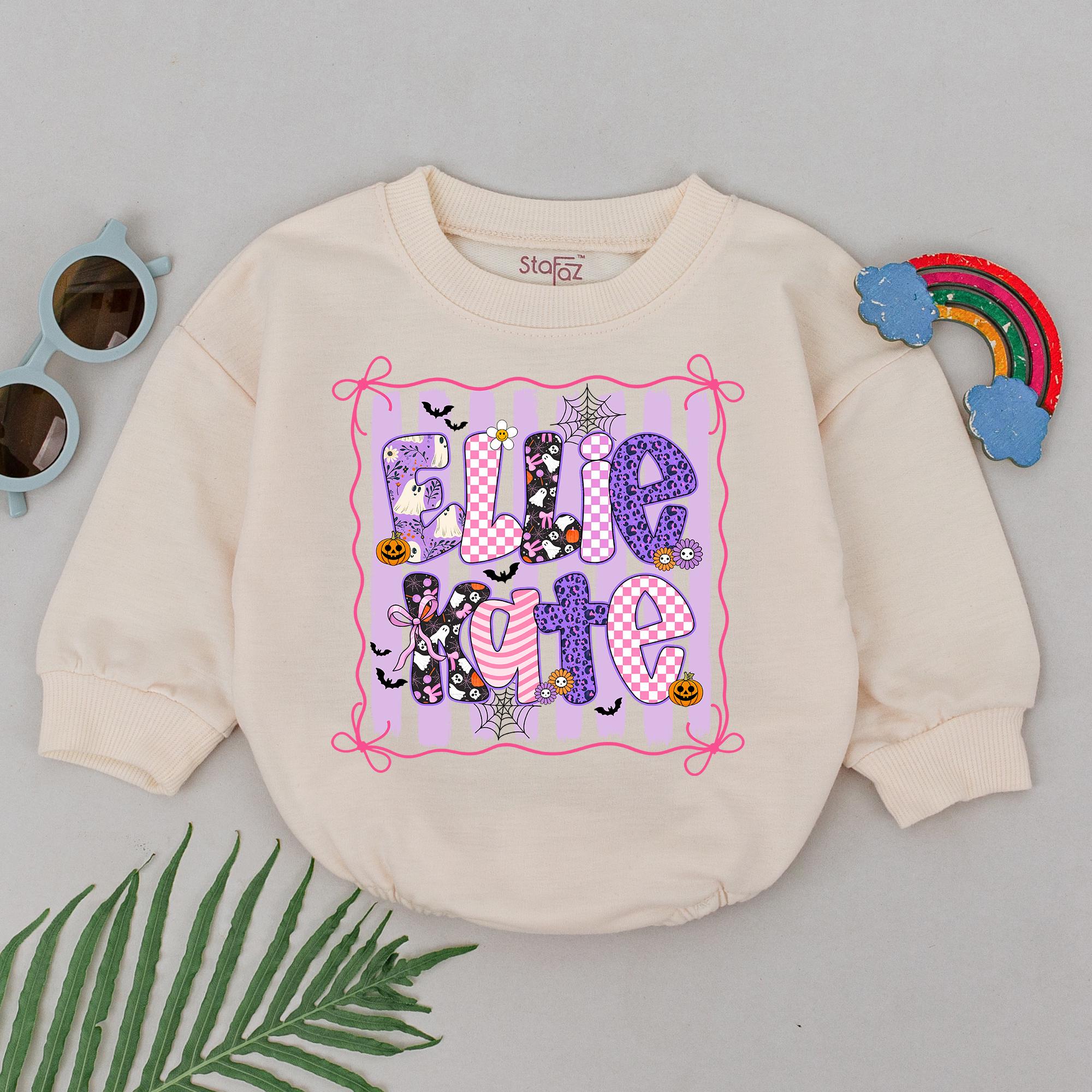 Ellie Kate Halloween Baby Romper with Ghosts, Bats, and Spiderwebs, Personalized Name Outfit for Fall and Pumpkin Patch Trips