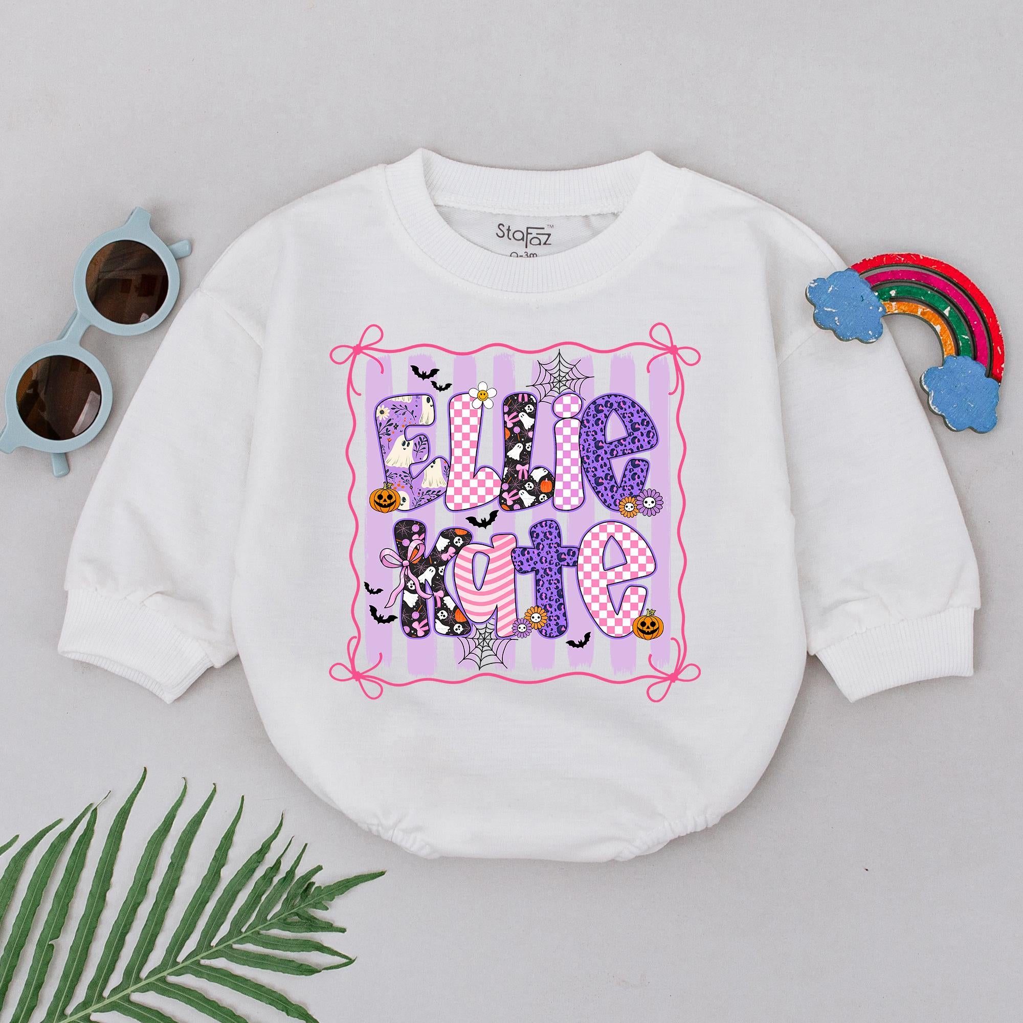 Ellie Kate Halloween Baby Romper with Ghosts, Bats, and Spiderwebs, Personalized Name Outfit for Fall and Pumpkin Patch Trips