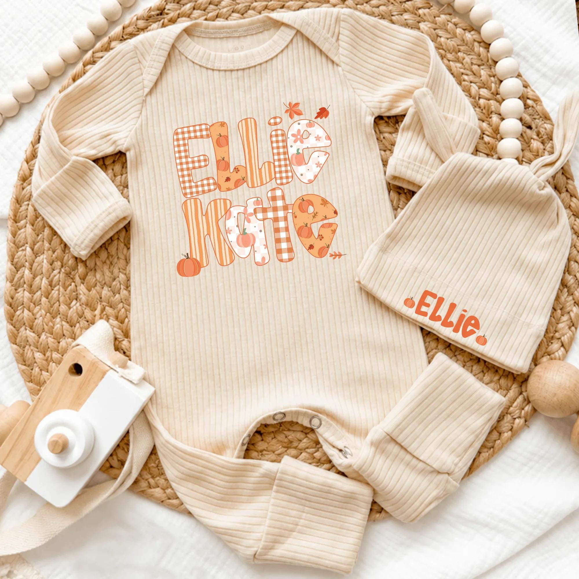 Ellie Kate Pumpkin Patch Baby Bodysuit and Hat Set, Autumn Newborn Coming Home Outfit with Custom Name
