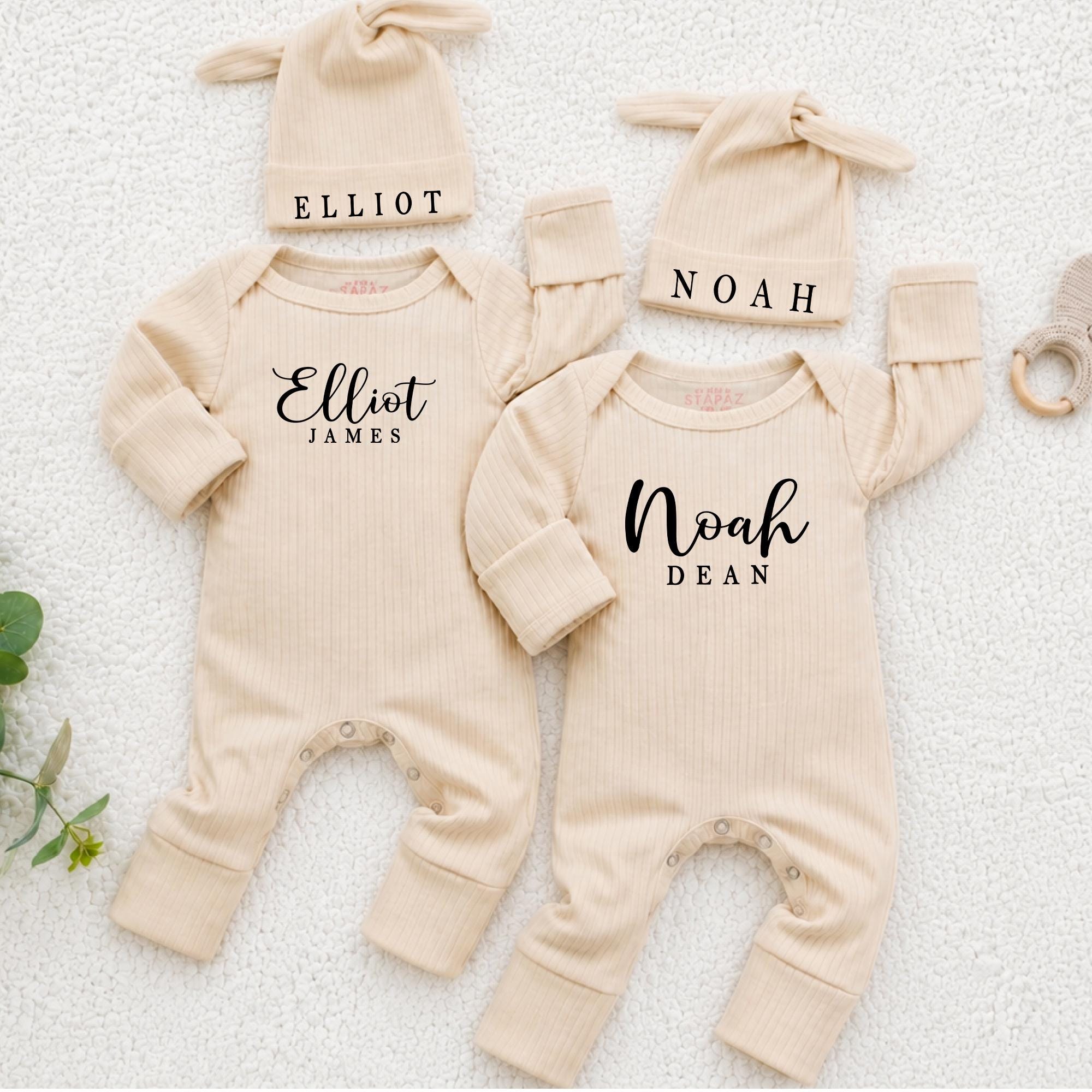 Elliot & Noah Baby Boy Ribbed Bodysuits with Matching Name Hats, Personalized Newborn Twin Outfits, Custom Baby Shower Gift