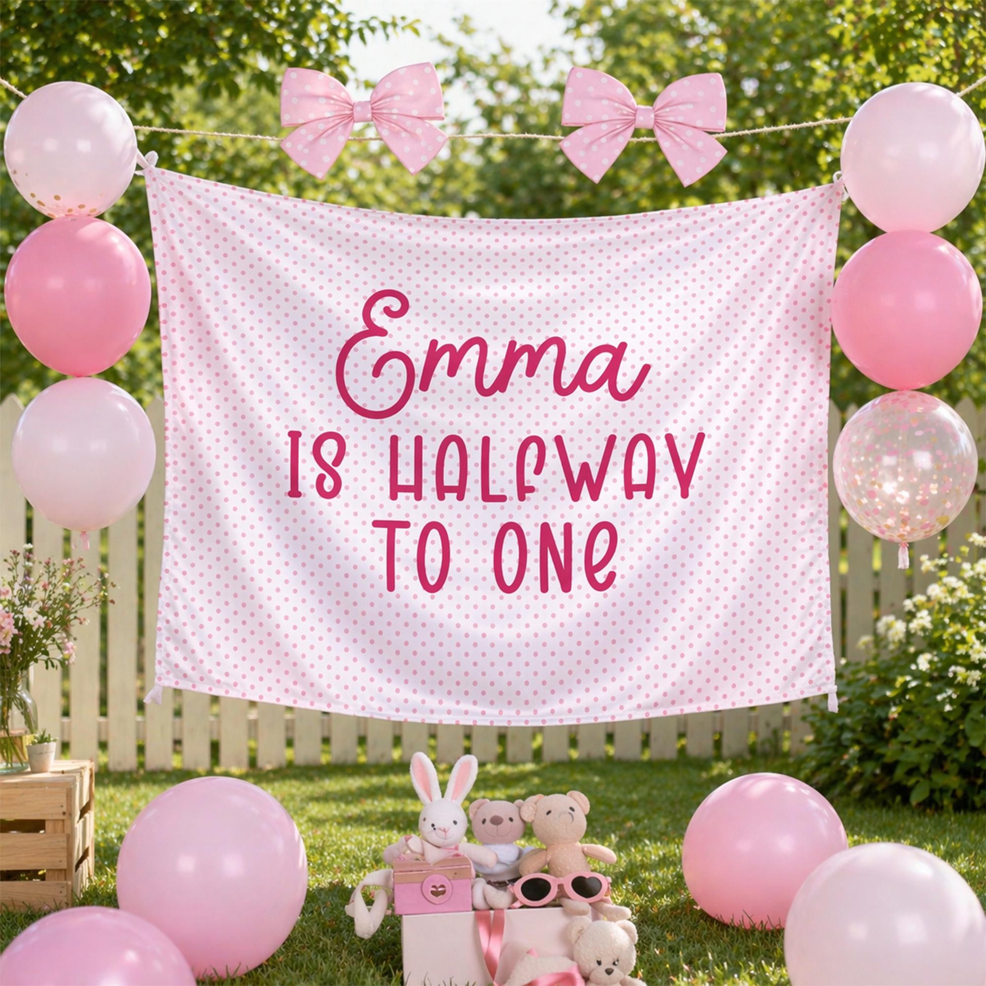 Emma Is Halfway to One Silk Banner with Pink Polka Dot Design, Half Birthday Party Backdrop, Custom Name Decoration