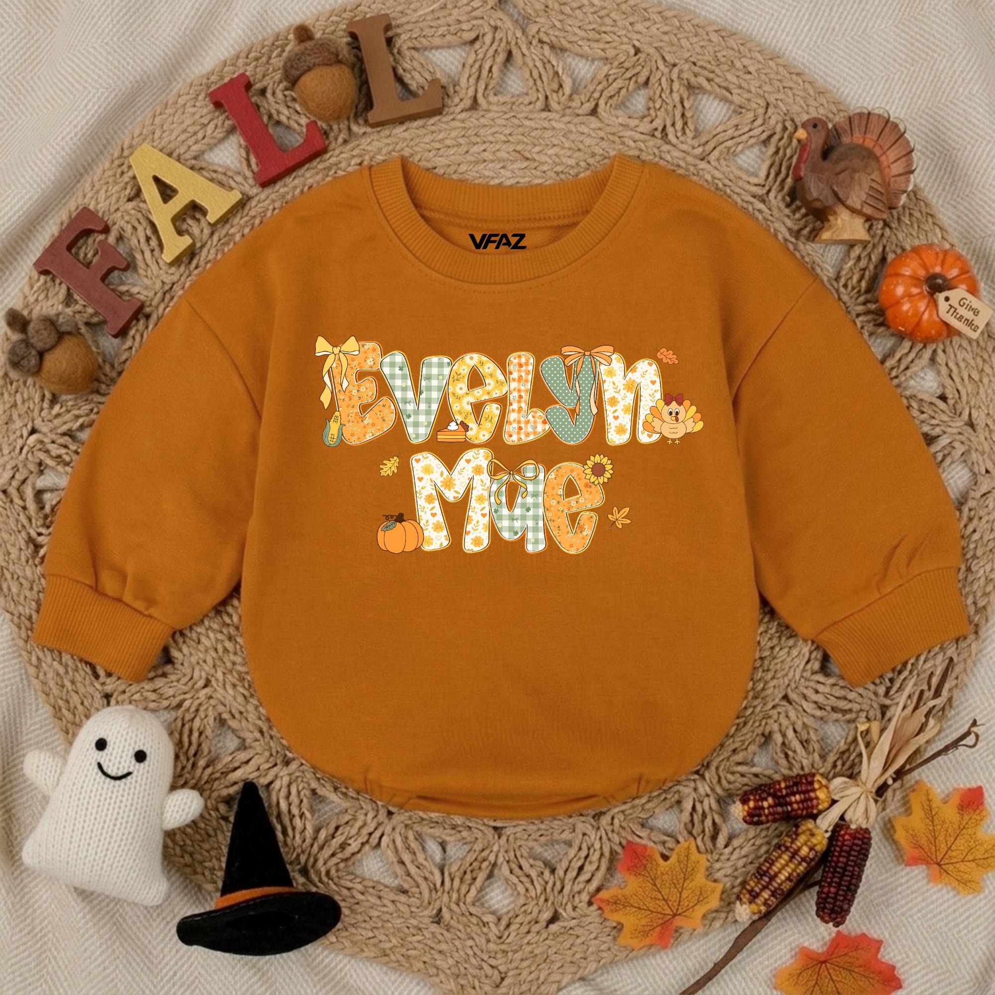 Evelyn Mae Pumpkin Patch Baby Sweatshirt with Autumn Floral Artwork, Fall Toddler Outfit, Thanksgiving Personalized Baby Gift