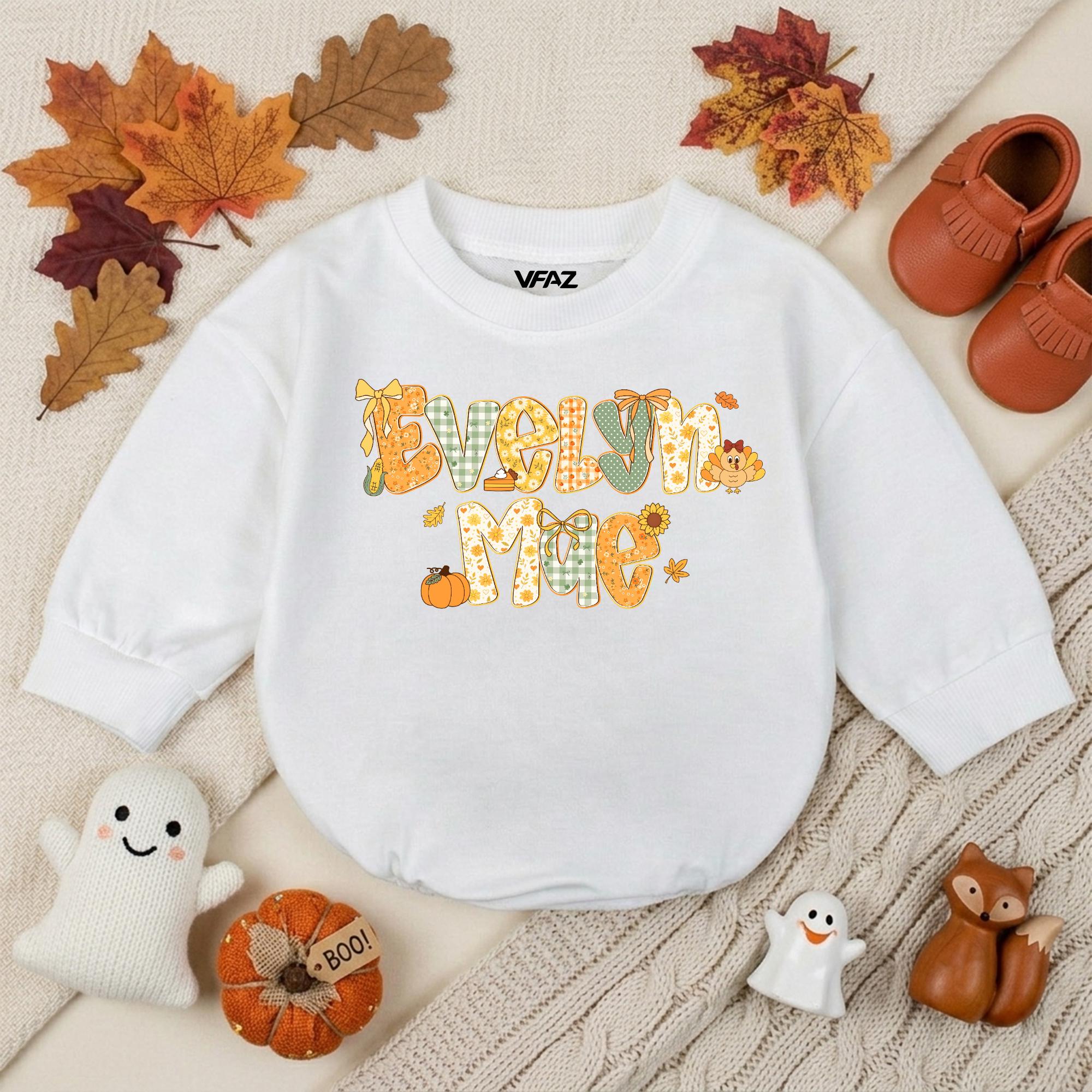 Evelyn Mae Pumpkin Patch Baby Sweatshirt with Autumn Floral Artwork, Fall Toddler Outfit, Thanksgiving Personalized Baby Gift