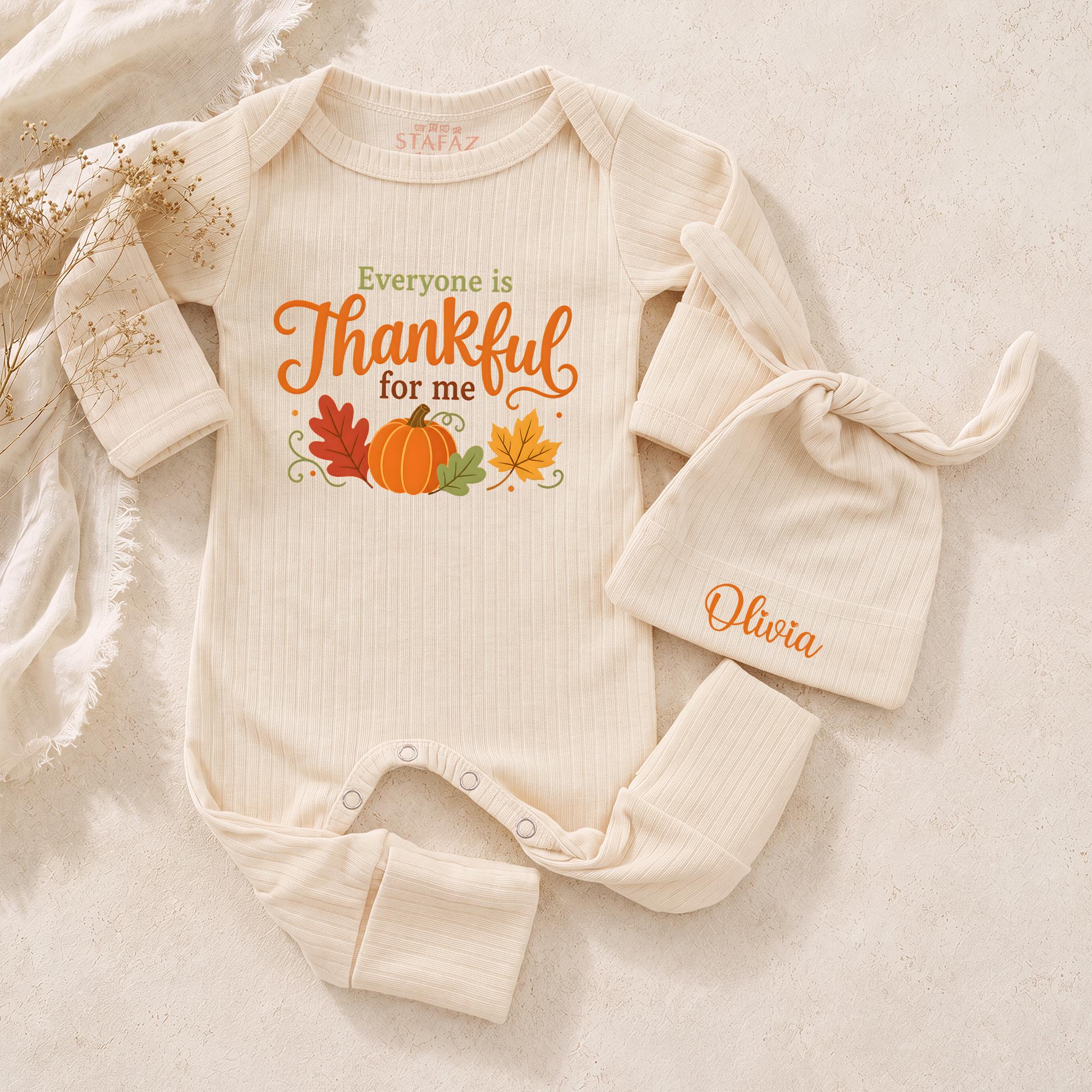 Everyone Is Thankful For Me Baby Bodysuit with Pumpkin Graphic and Custom Name Hat, Thanksgiving Newborn Coming Home Outfit