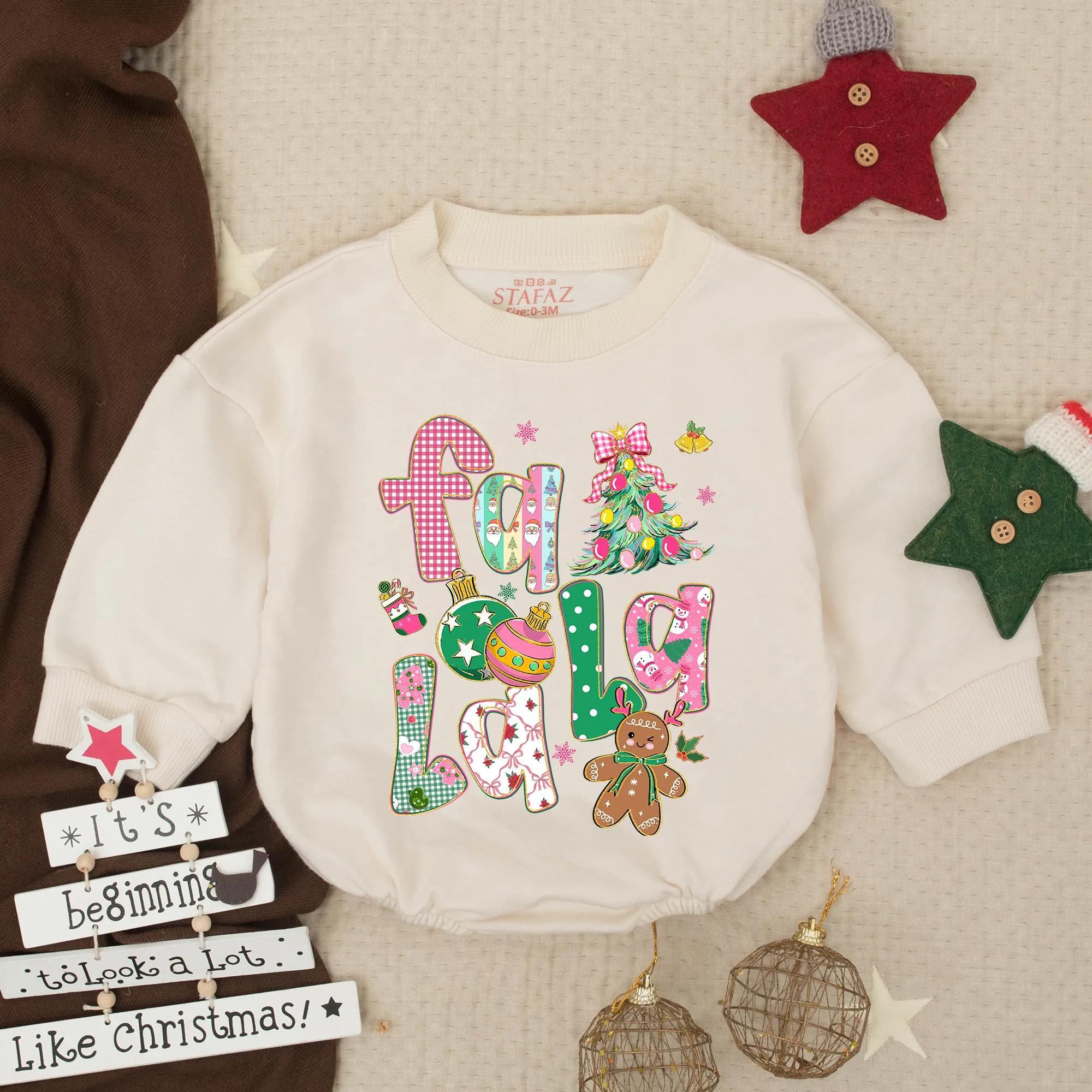 Falala Christmas Baby Romper with Glitter Artwork, Gingerbread Man & Tree Design, My First Holiday Outfit for Girls, Toddler Clothes