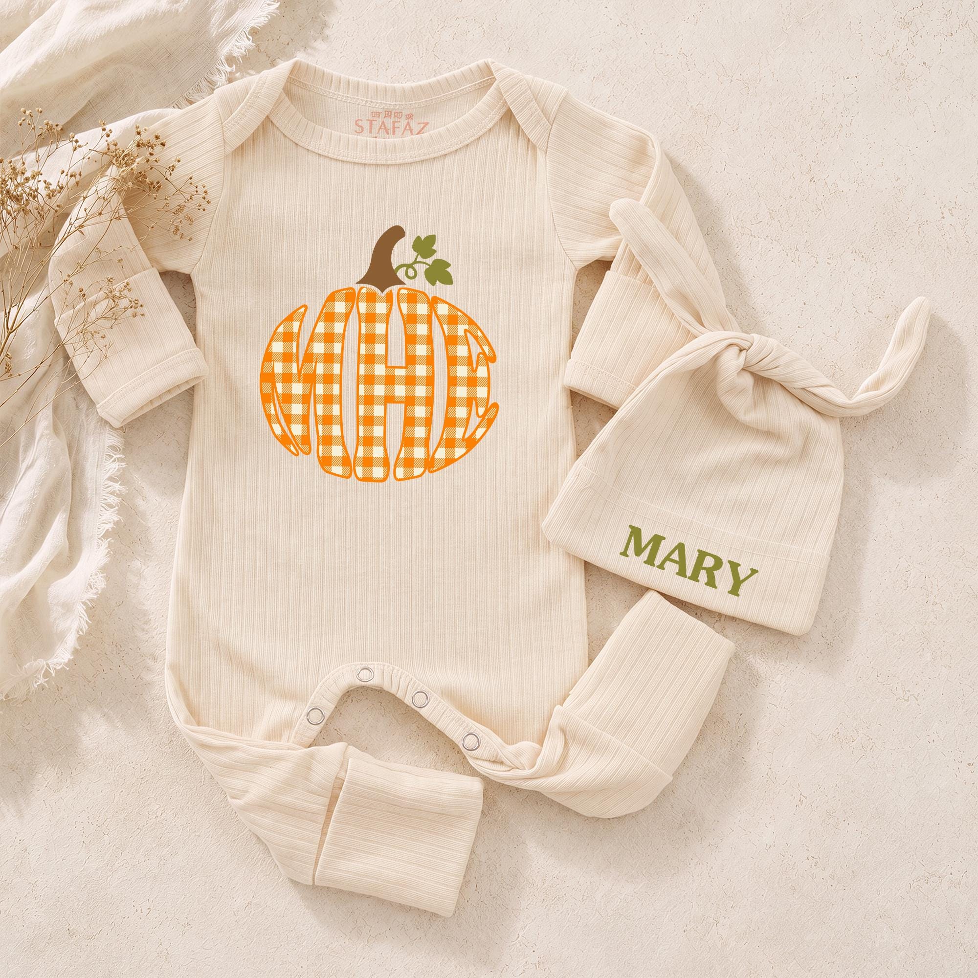Fall Pumpkin Baby Bodysuit with Gingham Artwork and Custom Name Hat, Thanksgiving Coming Home Outfit for Newborns