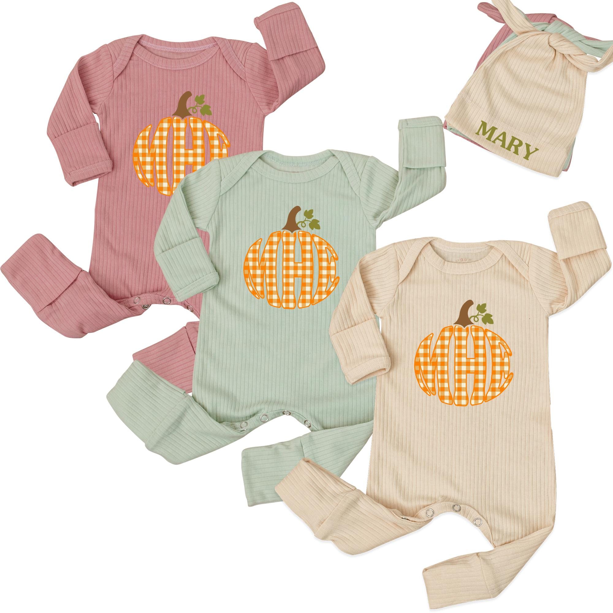 Fall Pumpkin Baby Bodysuit with Gingham Artwork and Custom Name Hat, Thanksgiving Coming Home Outfit for Newborns