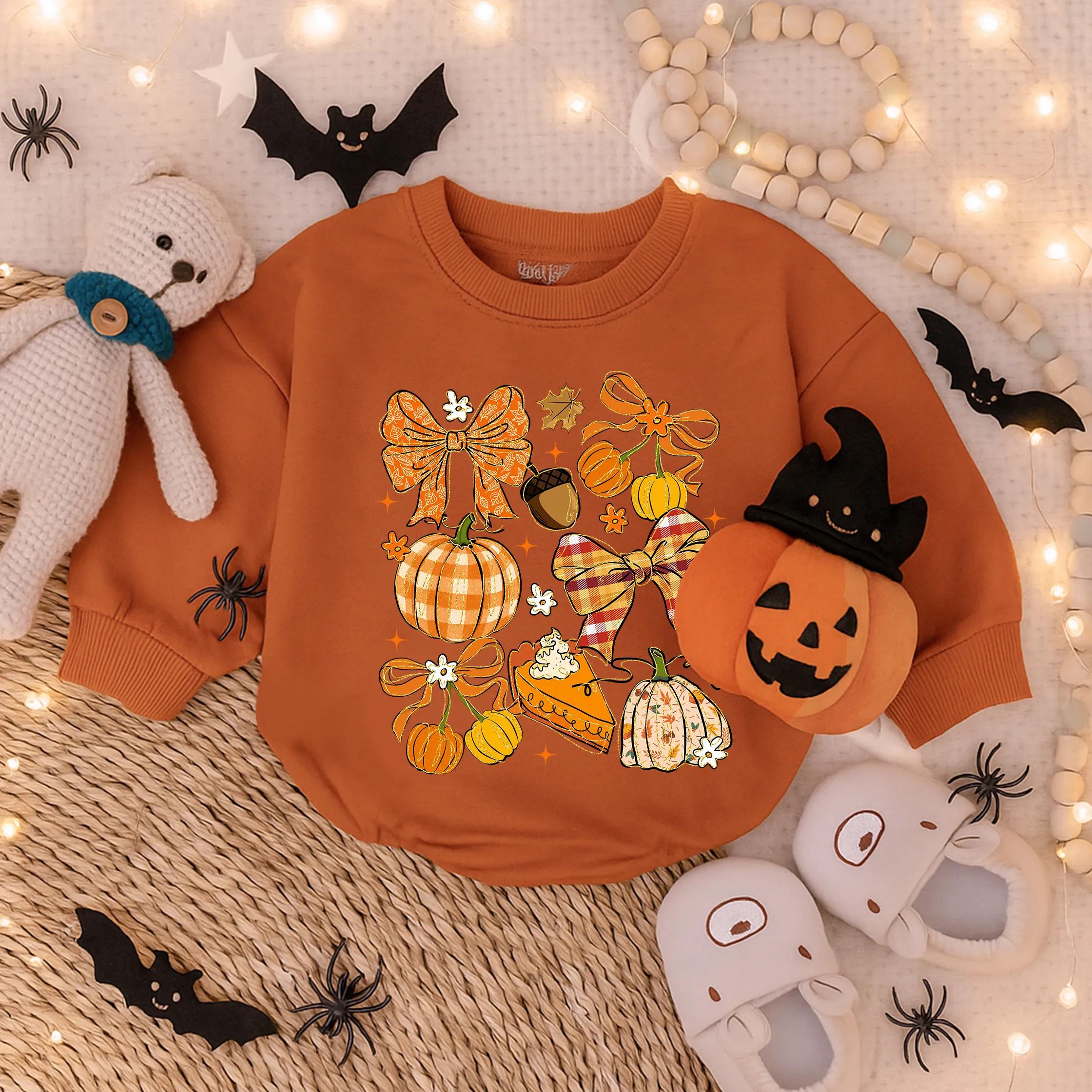 Fall Pumpkin Bow Glitter Romper Baby Girl Autumn Outfit Toddler Holiday Apparel Soft Cotton Plaid Polka Dots Cheerful Seasonal Design