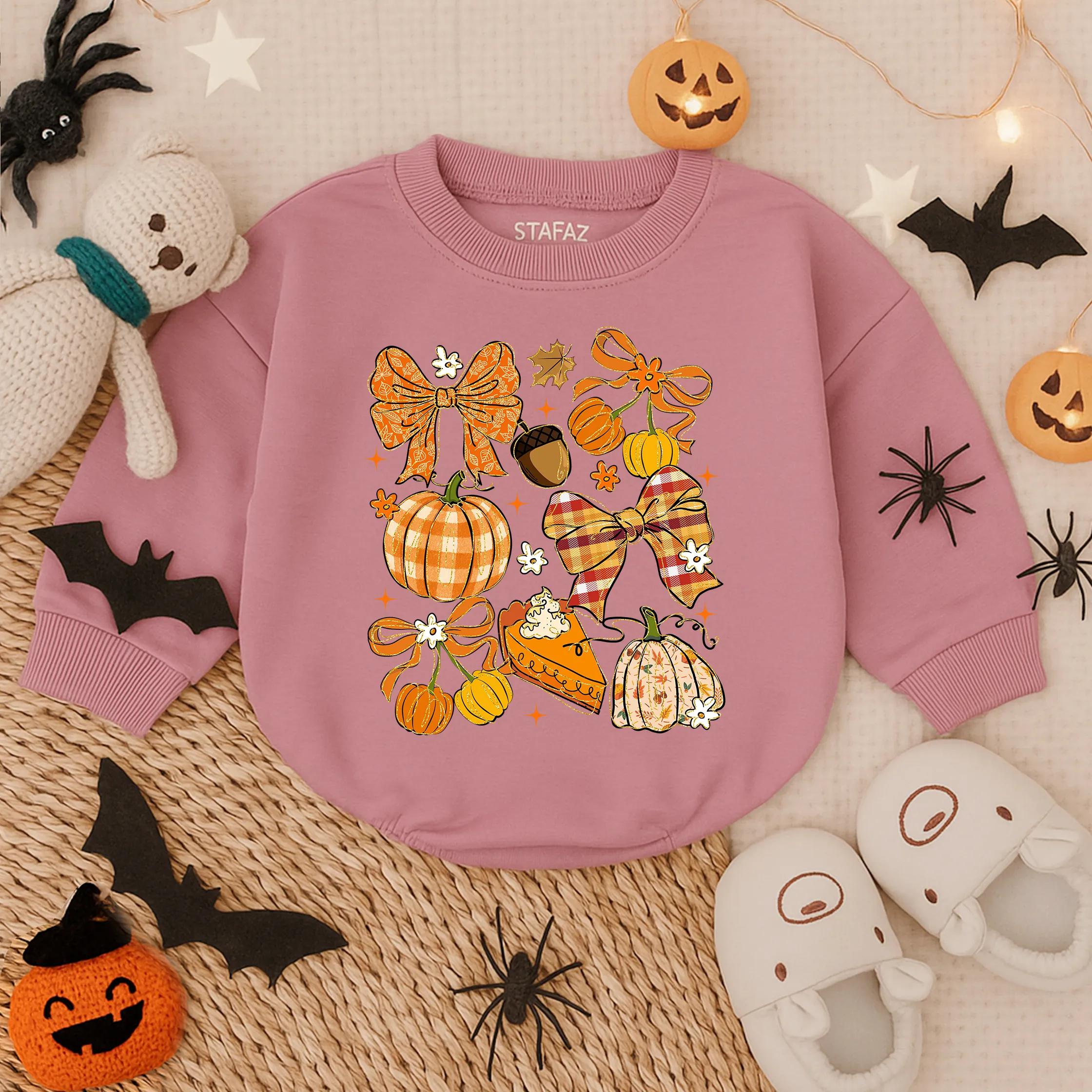 Fall Pumpkin Bow Glitter Romper Baby Girl Autumn Outfit Toddler Holiday Apparel Soft Cotton Plaid Polka Dots Cheerful Seasonal Design