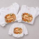Fall Pumpkin Plaid Banner Matching Family Sweatshirts and Baby Romper with Custom Name, Autumn Outfit for Family Gatherings