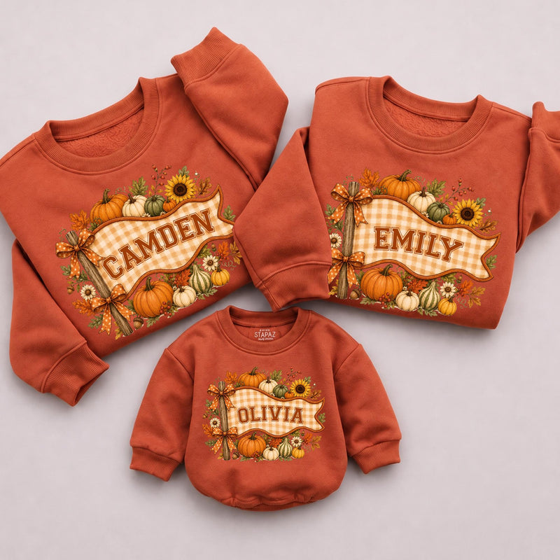 Fall Pumpkin Plaid Banner Matching Family Sweatshirts and Baby Romper with Custom Name, Autumn Outfit for Family Gatherings