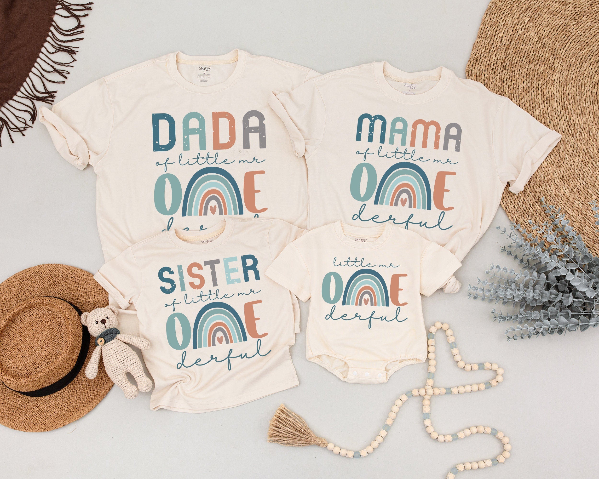 Family Matching Mr ONEderful Birthday Shirts Colorful Design First Birthday Outfit for Boys Playful Party Clothes Cotton Comfort