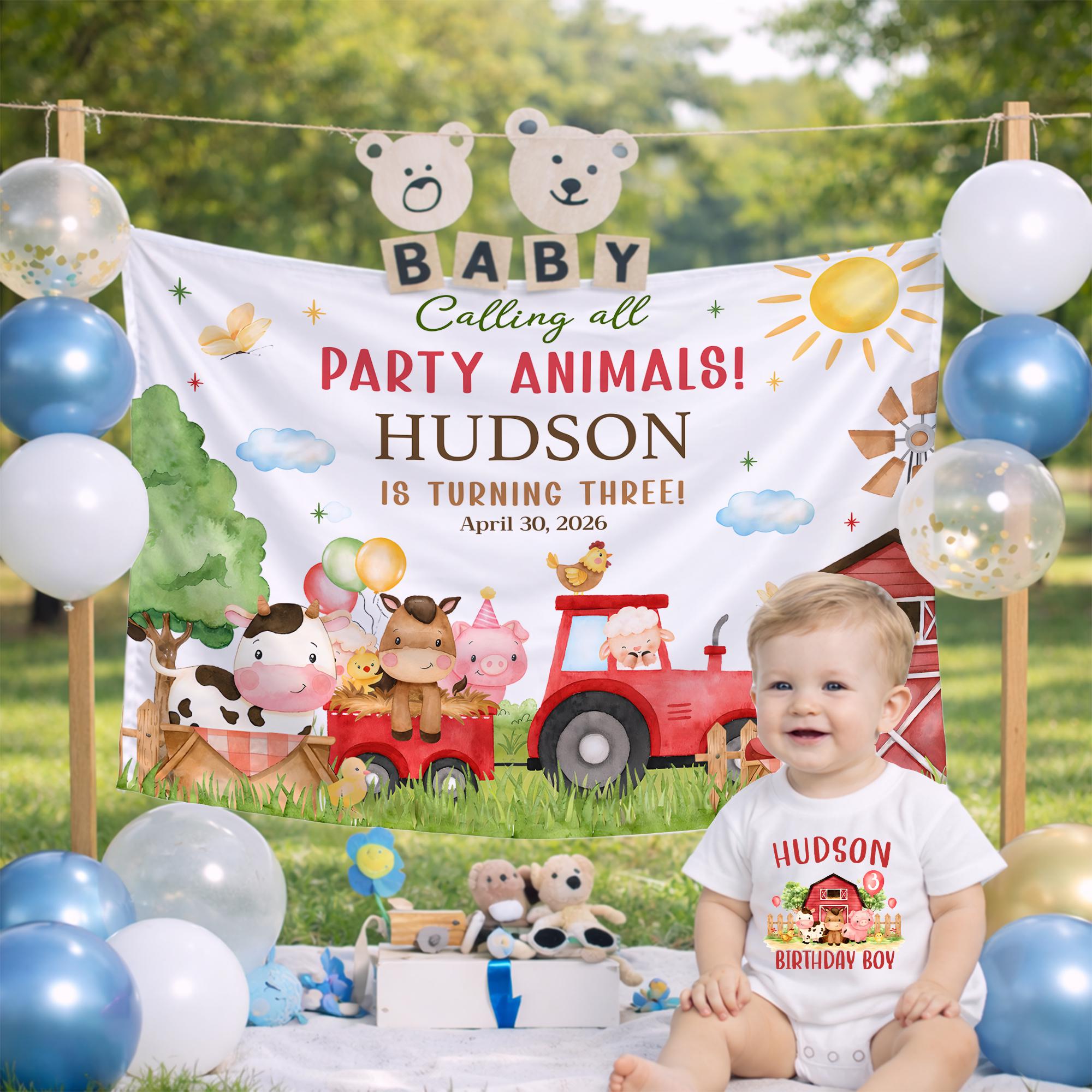 Farm Animal Birthday Boy Romper Personalized Outfit with Custom Name and Silk Party Banner for Toddler Farm-Themed Celebration Gift