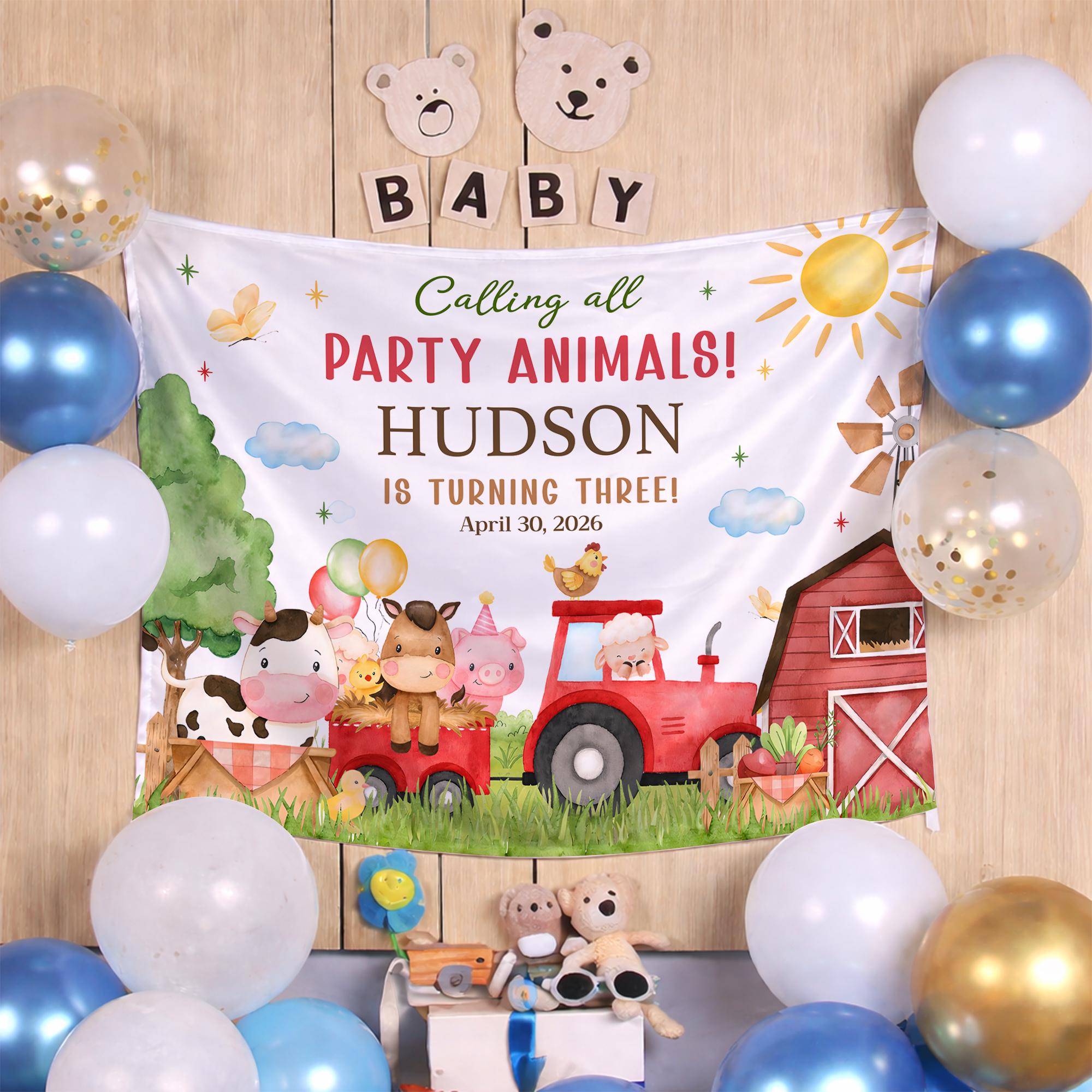 Farm Animal Birthday Boy Romper Personalized Outfit with Custom Name and Silk Party Banner for Toddler Farm-Themed Celebration Gift