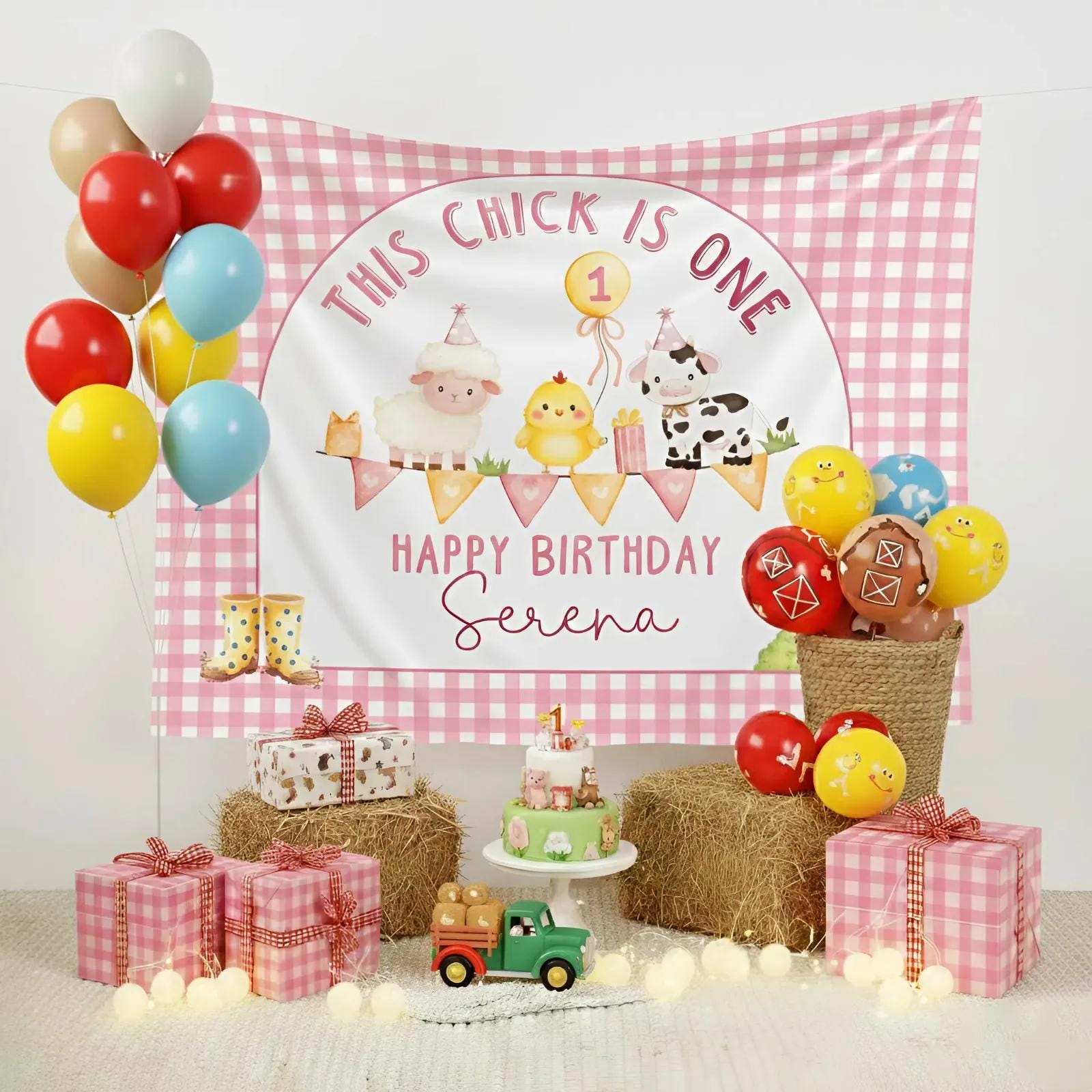 Farm Animal First Birthday Banner Personalized for Baby Girl Pink Gingham Party Backdrop with Custom Name and Rustic Decor Design