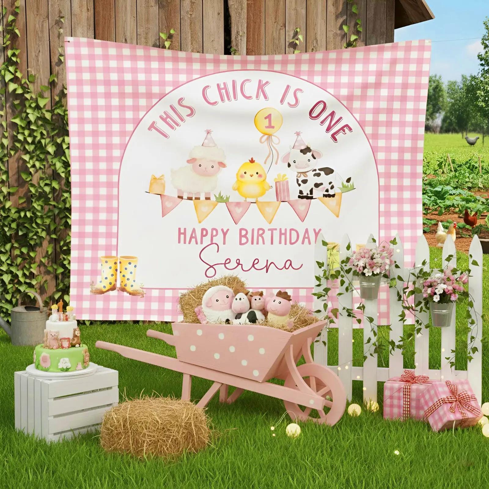 Farm Animal First Birthday Banner Personalized for Baby Girl Pink Gingham Party Backdrop with Custom Name and Rustic Decor Design