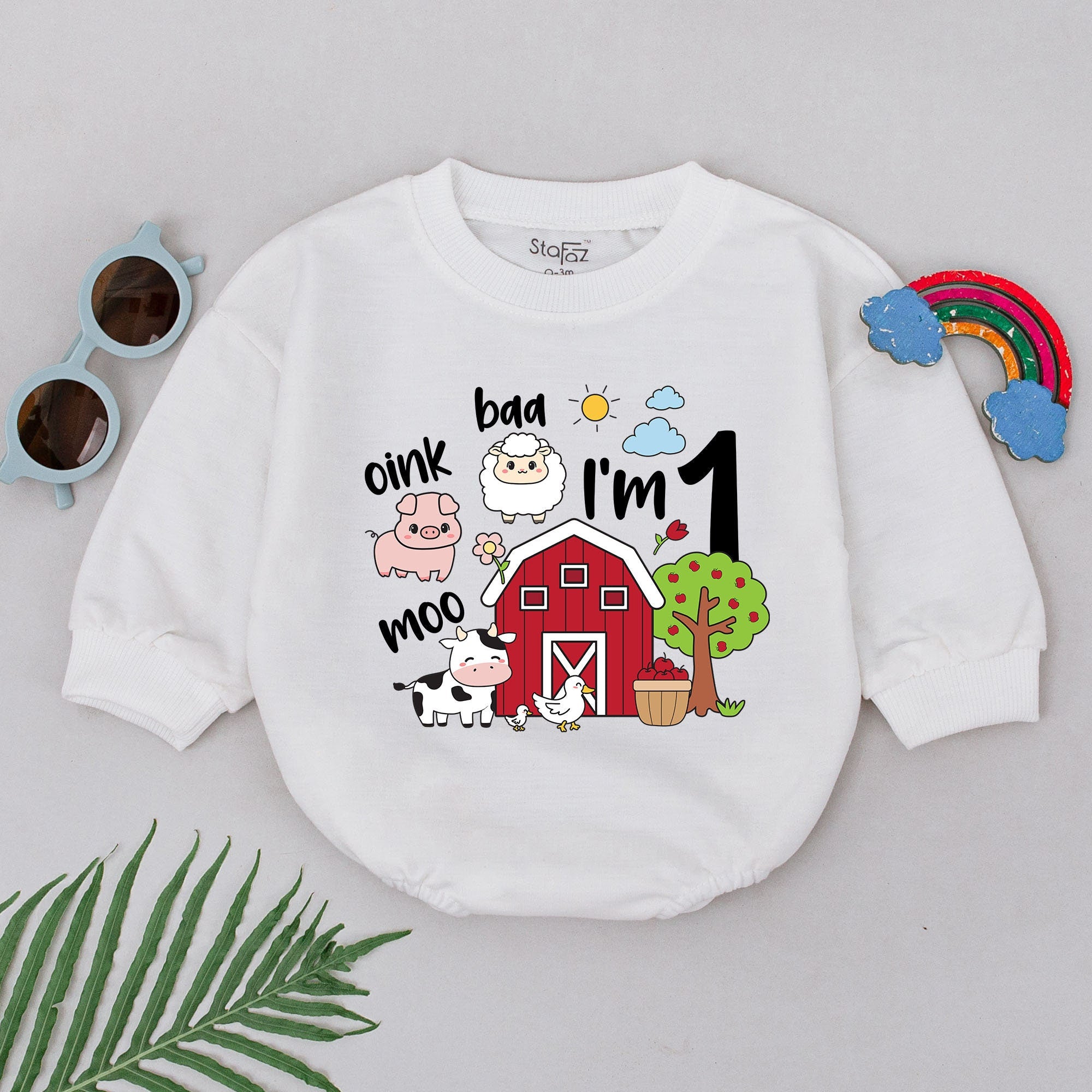 Farm Animals First Birthday Romper with Pink Pig Sheep Cow Barn Baby Outfit Soft Cotton Party Gift