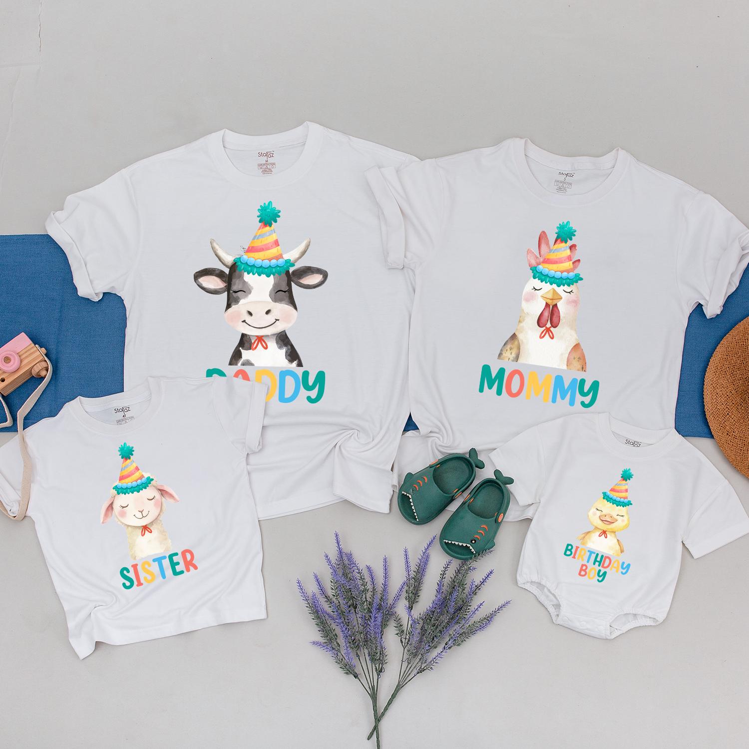 Farm Birthday Boy Shirt Personalized Family Matching Party Outfit with Cow Goat Lamb Colorful Hats Fun Farm Theme for 1st Birthday