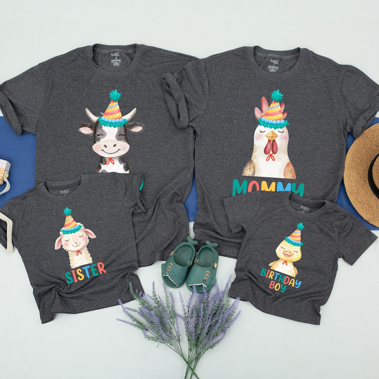Farm Birthday Boy Shirt Personalized Family Matching Party Outfit with Cow Goat Lamb Colorful Hats Fun Farm Theme for 1st Birthday
