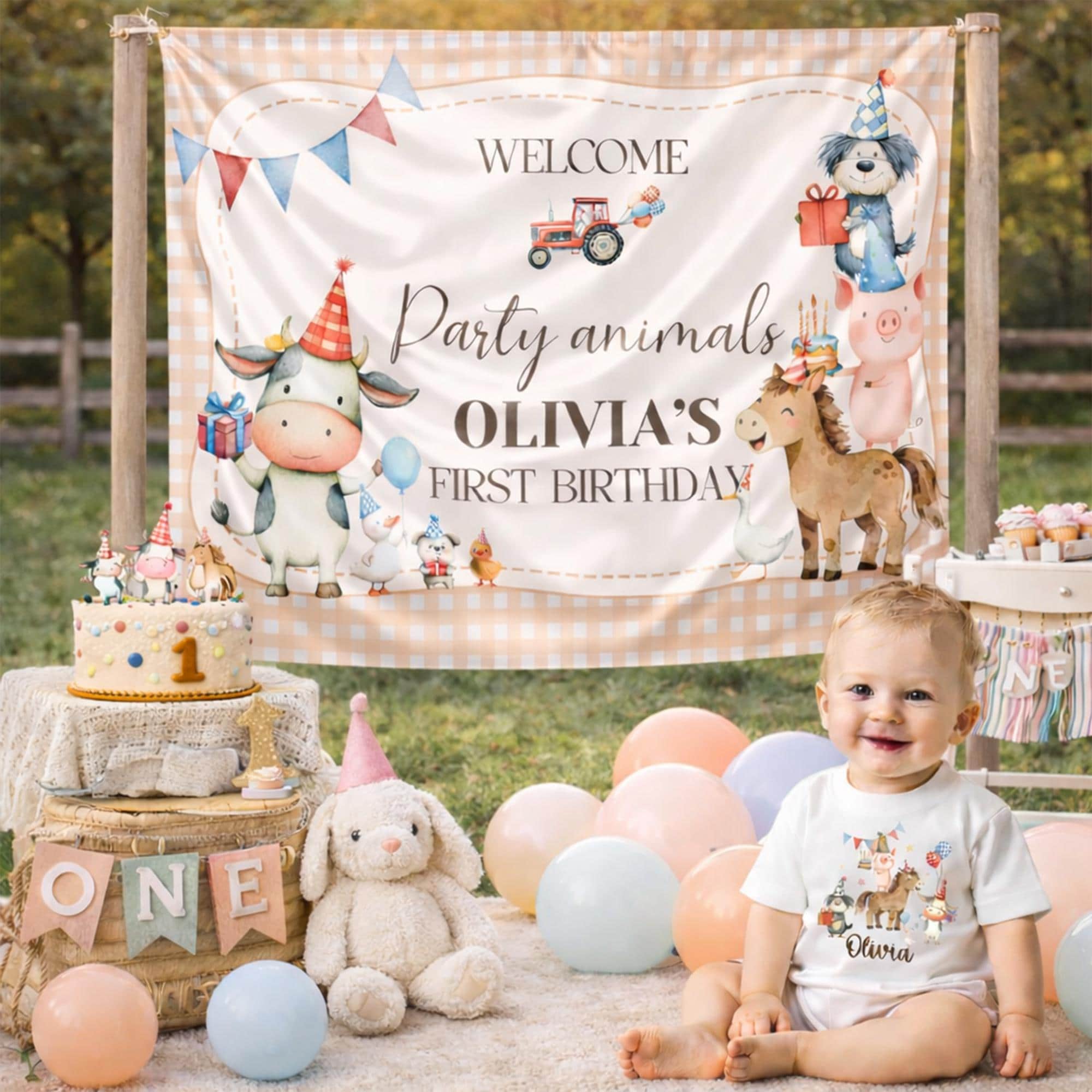 Farm Birthday Personalized Banner 1st Birthday Backdrop Barnyard Party Decor Custom Name Barn Animals Baby Toddler Party Decoration