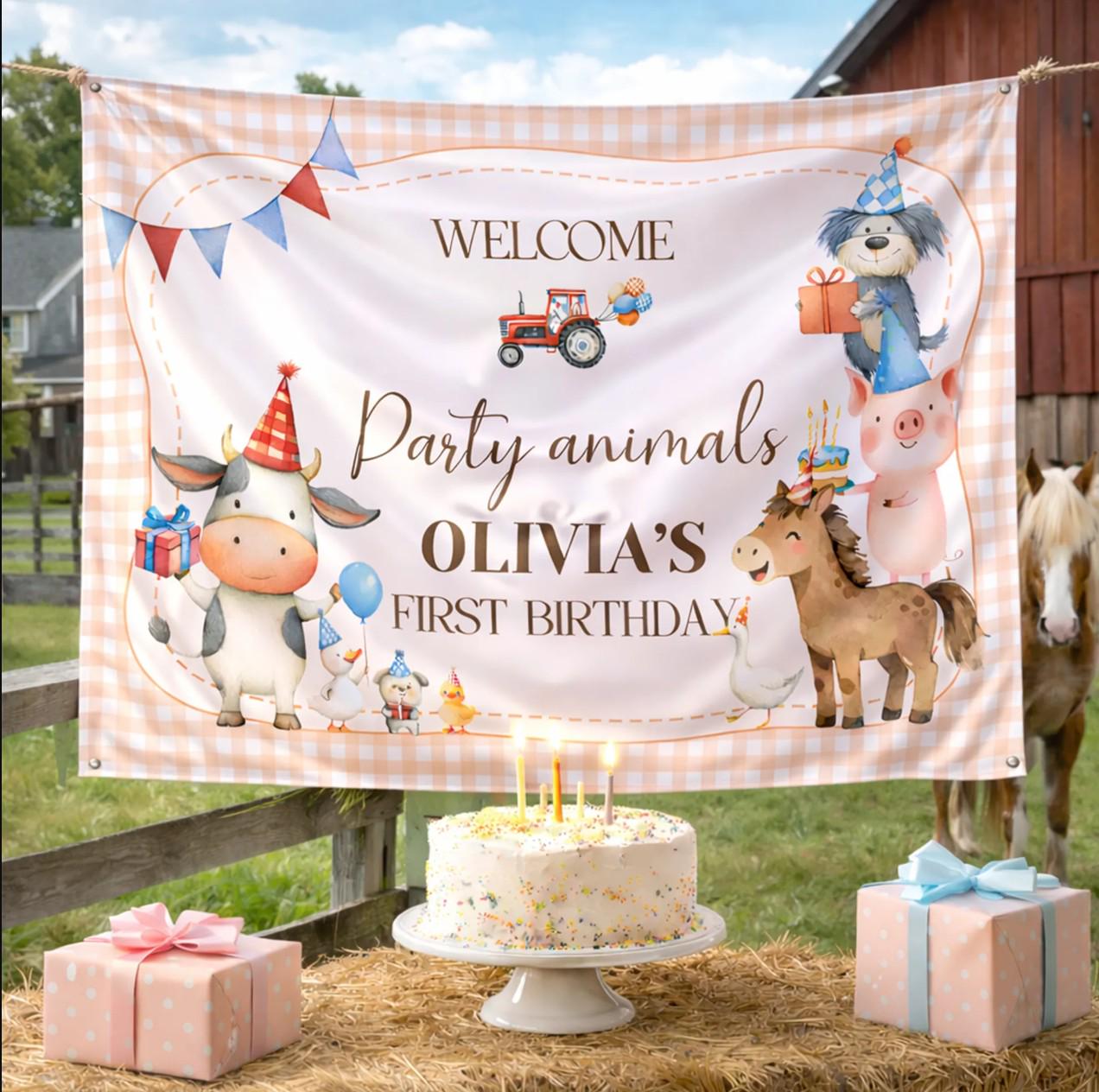 Farm Birthday Personalized Banner 1st Birthday Backdrop Barnyard Party Decor Custom Name Barn Animals Baby Toddler Party Decoration