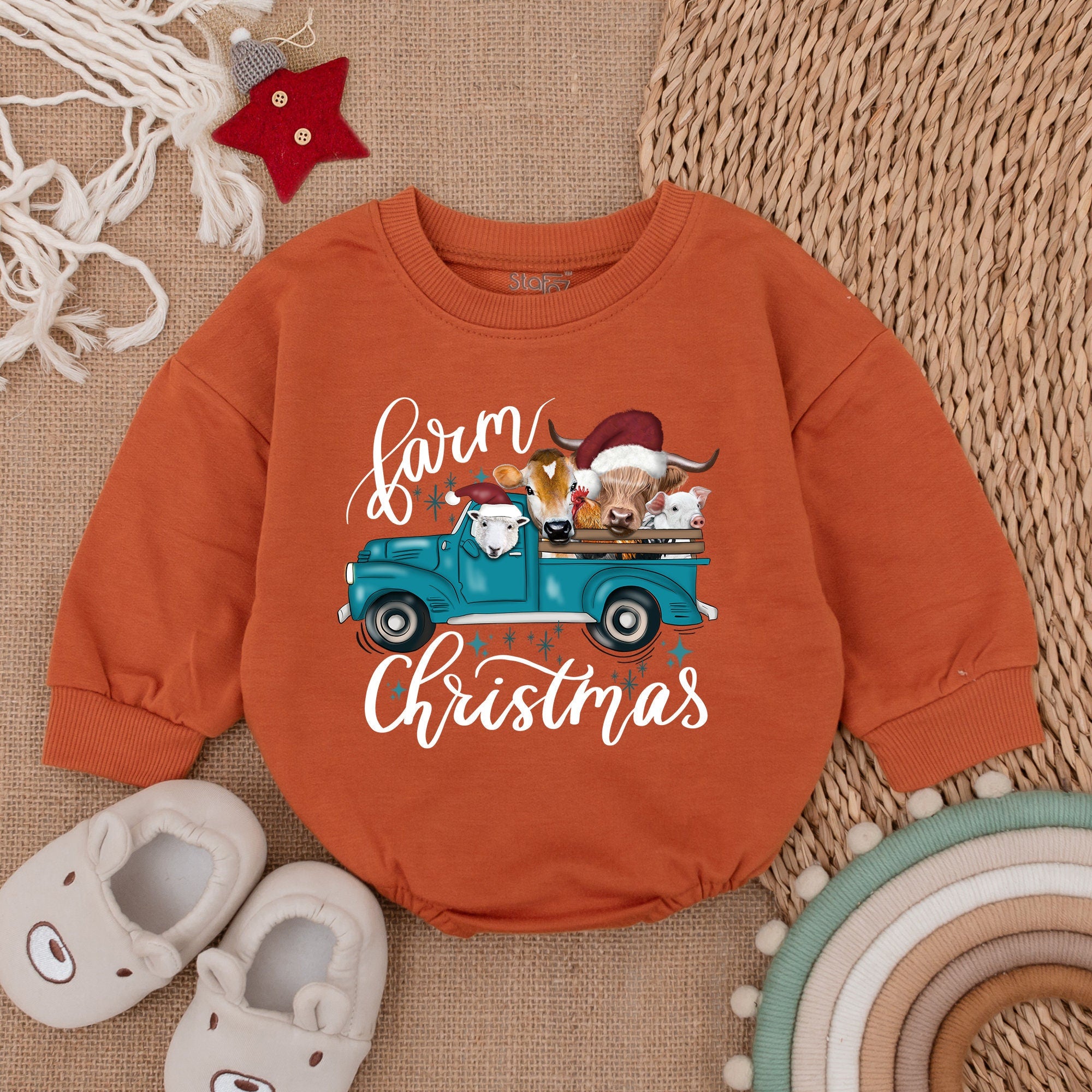 Farm Christmas Baby Romper with Vintage Teal Truck and Festive Animals Cozy First Holiday Bodysuit Infant Gift Soft Cotton Outfit