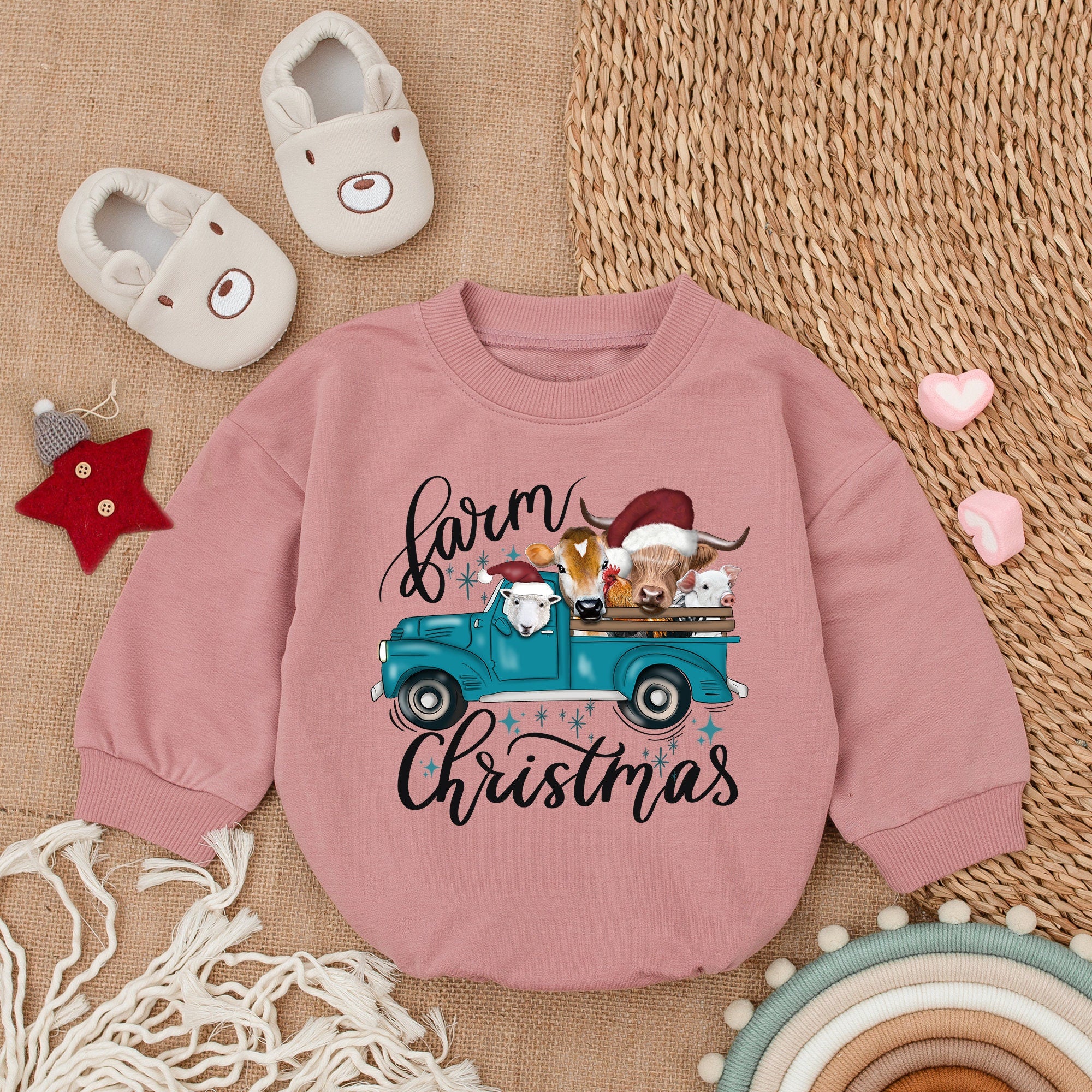 Farm Christmas Baby Romper with Vintage Teal Truck and Festive Animals Cozy First Holiday Bodysuit Infant Gift Soft Cotton Outfit