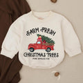Farm Fresh Christmas Trees Baby Romper with Red Truck Graphic, Holiday Pine Spruce Fir Outfit for First Christmas Photos