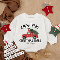 Farm Fresh Christmas Trees Baby Romper with Red Truck Graphic, Holiday Pine Spruce Fir Outfit for First Christmas Photos