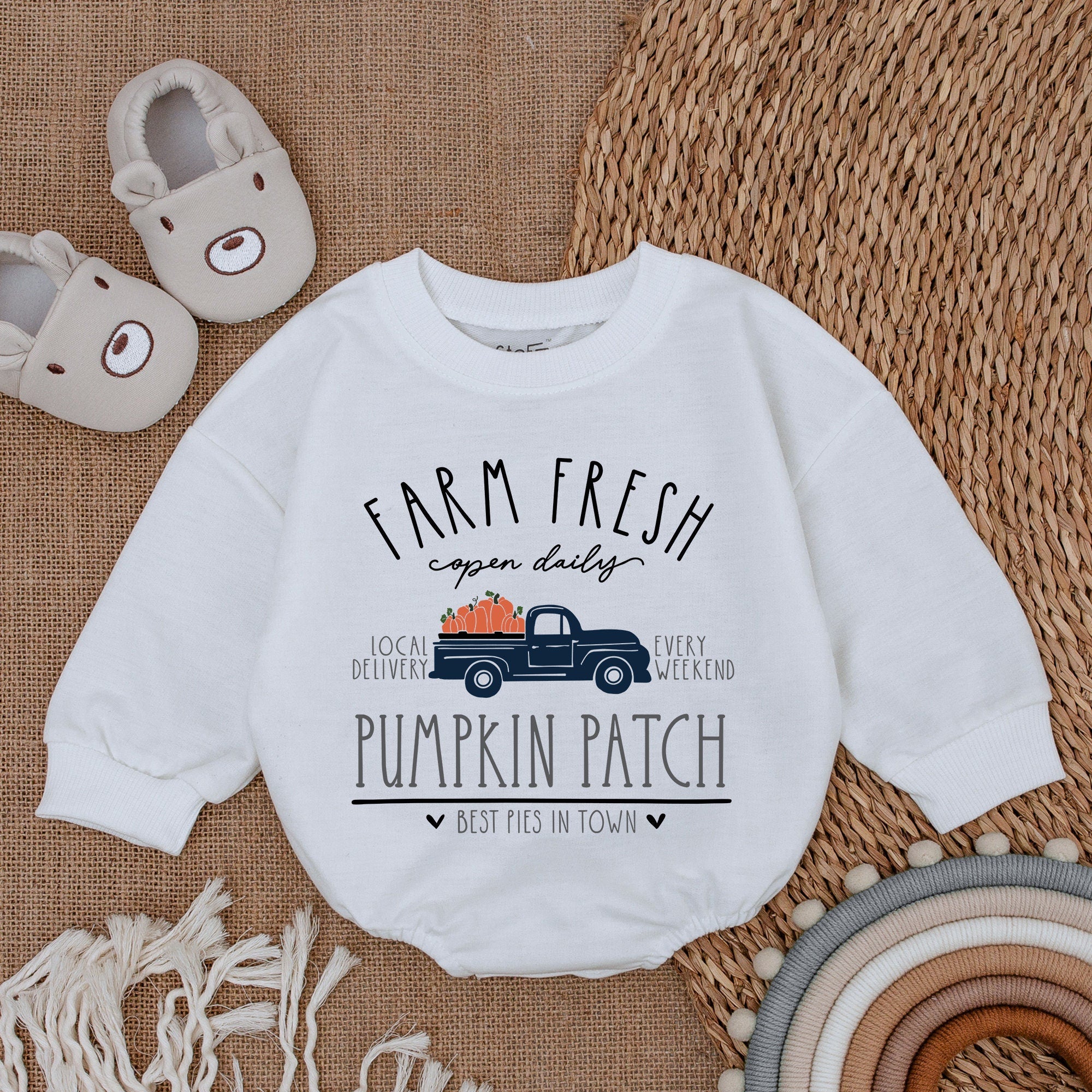 Farm Fresh Pumpkin Patch Baby Romper Cozy Fall Infant Outfit Thanksgiving Baby Girl Bodysuit First Holiday Gift Soft Cotton Design
