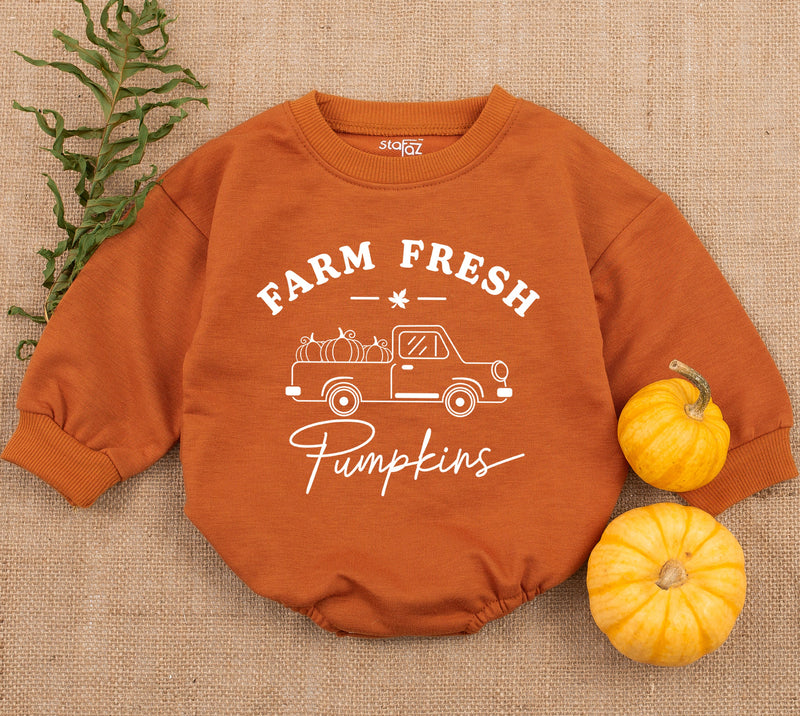 Farm Fresh Pumpkin Vintage Truck Baby Romper Halloween Outfit Newborn Fall Bodysuit Gender Neutral Soft Cotton Playful Autumn Design