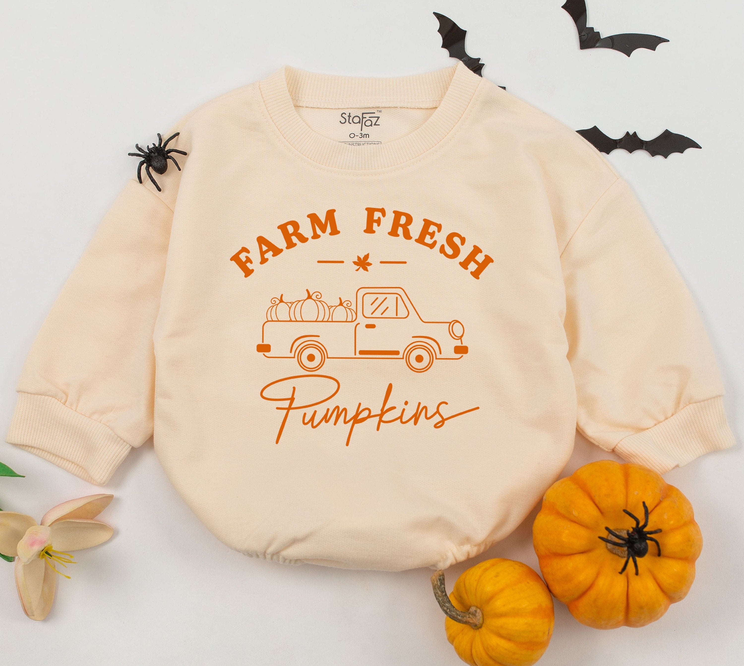 Farm Fresh Pumpkin Vintage Truck Baby Romper Halloween Outfit Newborn Fall Bodysuit Gender Neutral Soft Cotton Playful Autumn Design