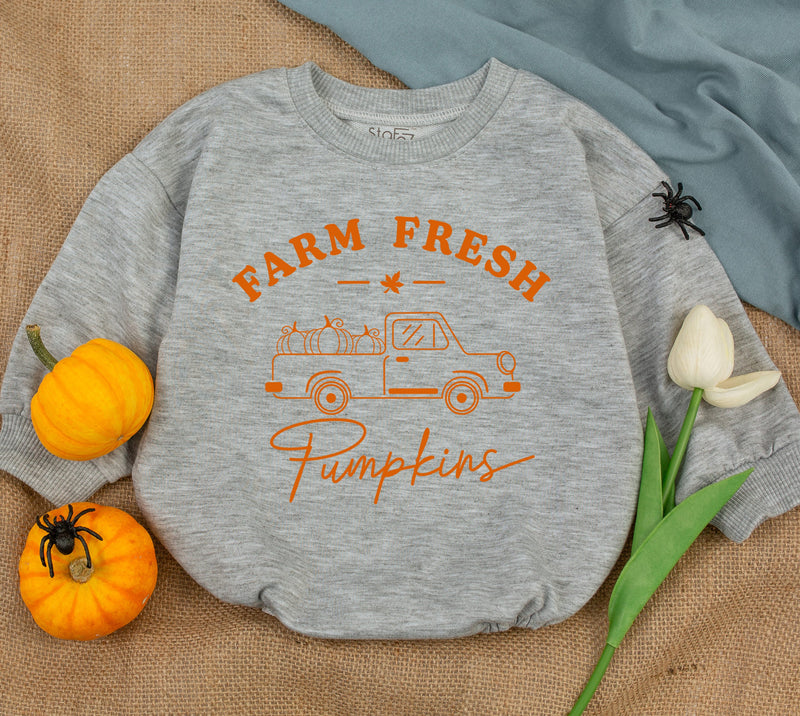 Farm Fresh Pumpkin Vintage Truck Baby Romper Halloween Outfit Newborn Fall Bodysuit Gender Neutral Soft Cotton Playful Autumn Design