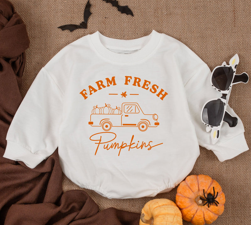 Farm Fresh Pumpkin Vintage Truck Baby Romper Halloween Outfit Newborn Fall Bodysuit Gender Neutral Soft Cotton Playful Autumn Design