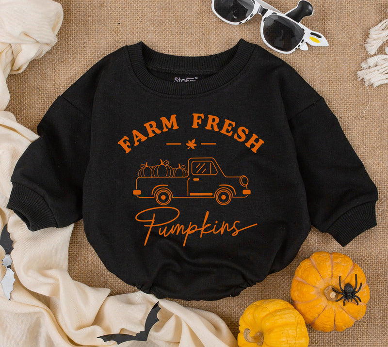 Farm Fresh Pumpkin Vintage Truck Baby Romper Halloween Outfit Newborn Fall Bodysuit Gender Neutral Soft Cotton Playful Autumn Design