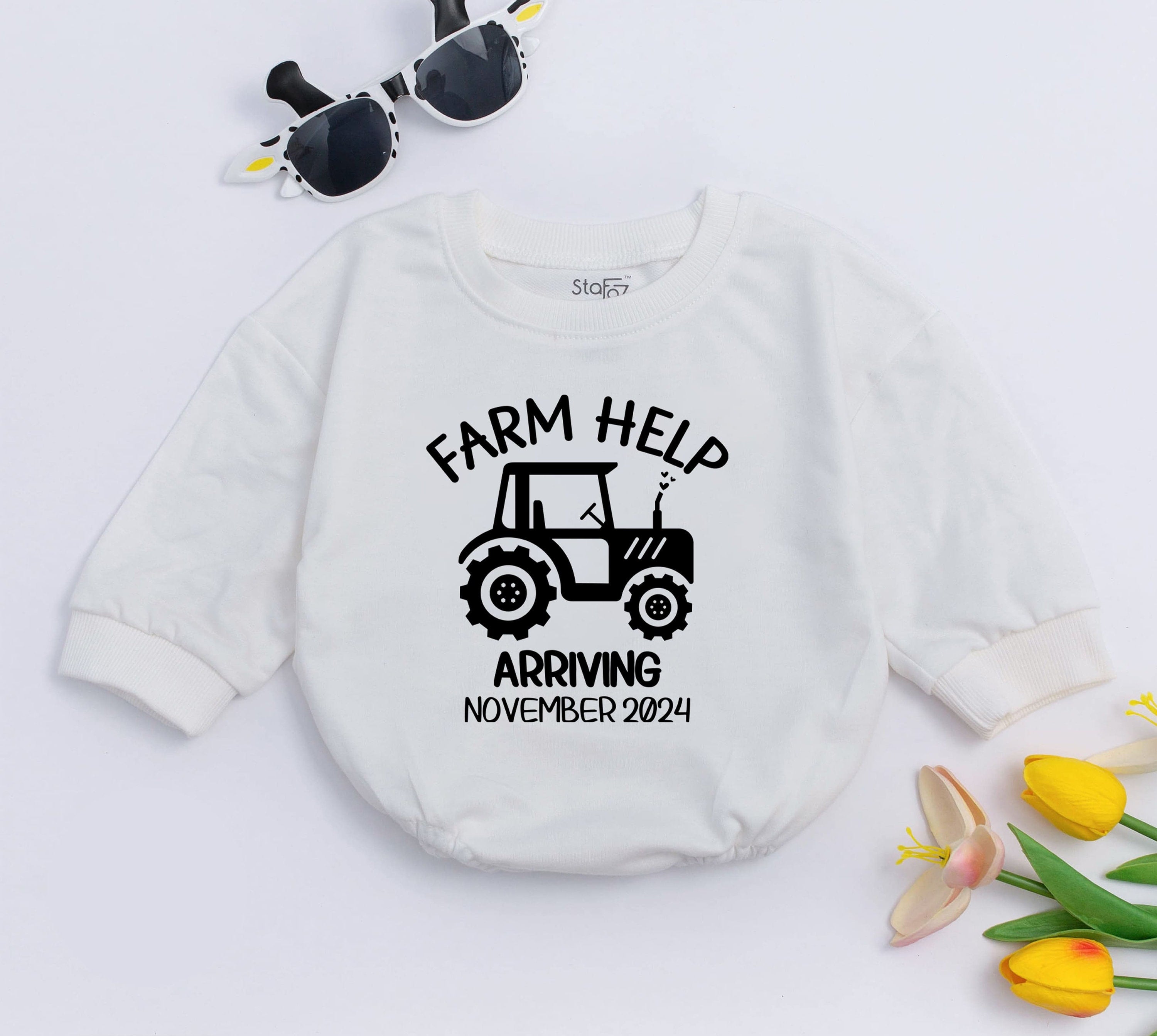 Farm Help Arriving Personalized Baby Romper Minimalist Pregnancy Reveal Outfit Soft Cotton Future Farmer Gift