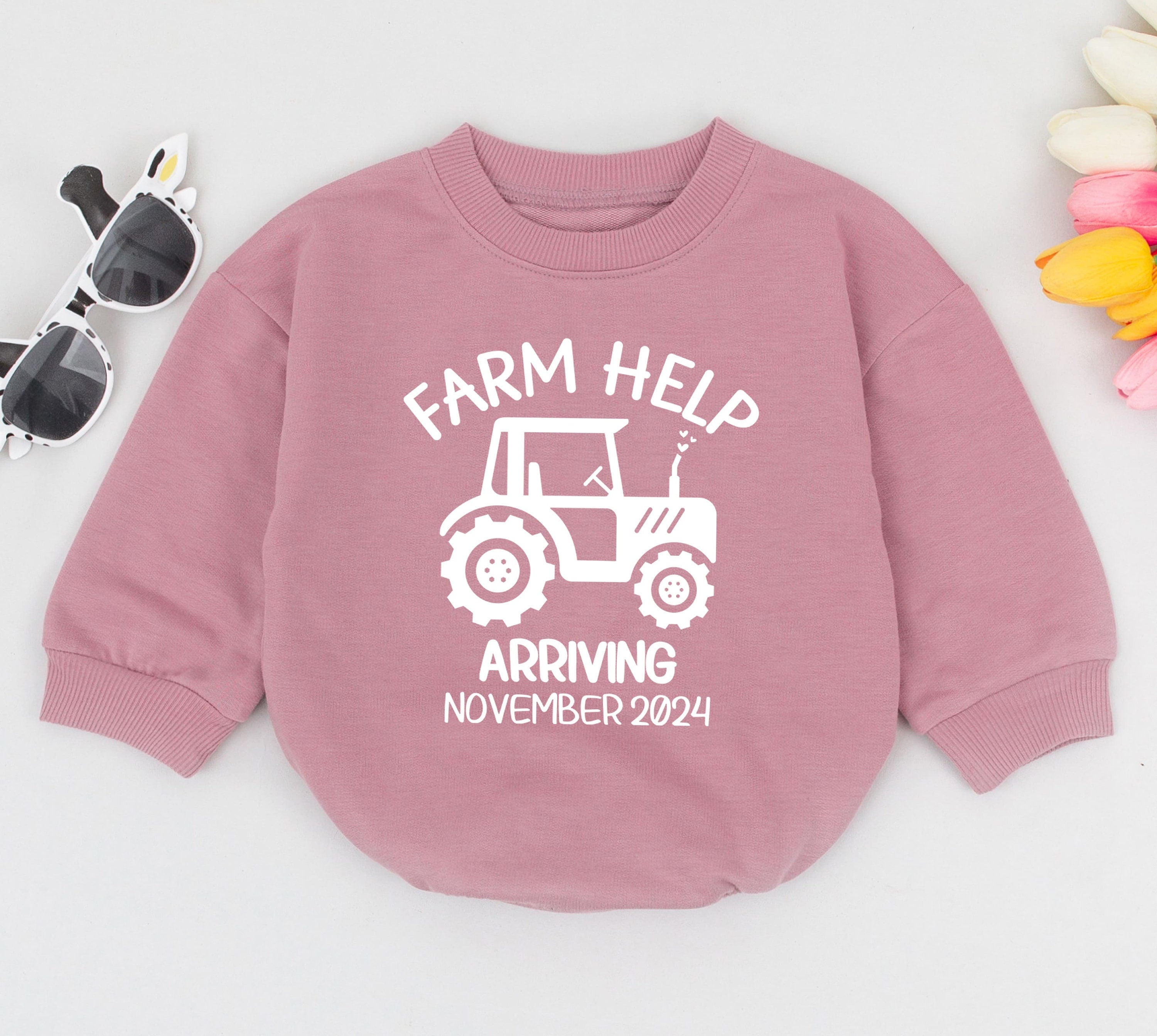 Farm Help Arriving Personalized Baby Romper Minimalist Pregnancy Reveal Outfit Soft Cotton Future Farmer Gift