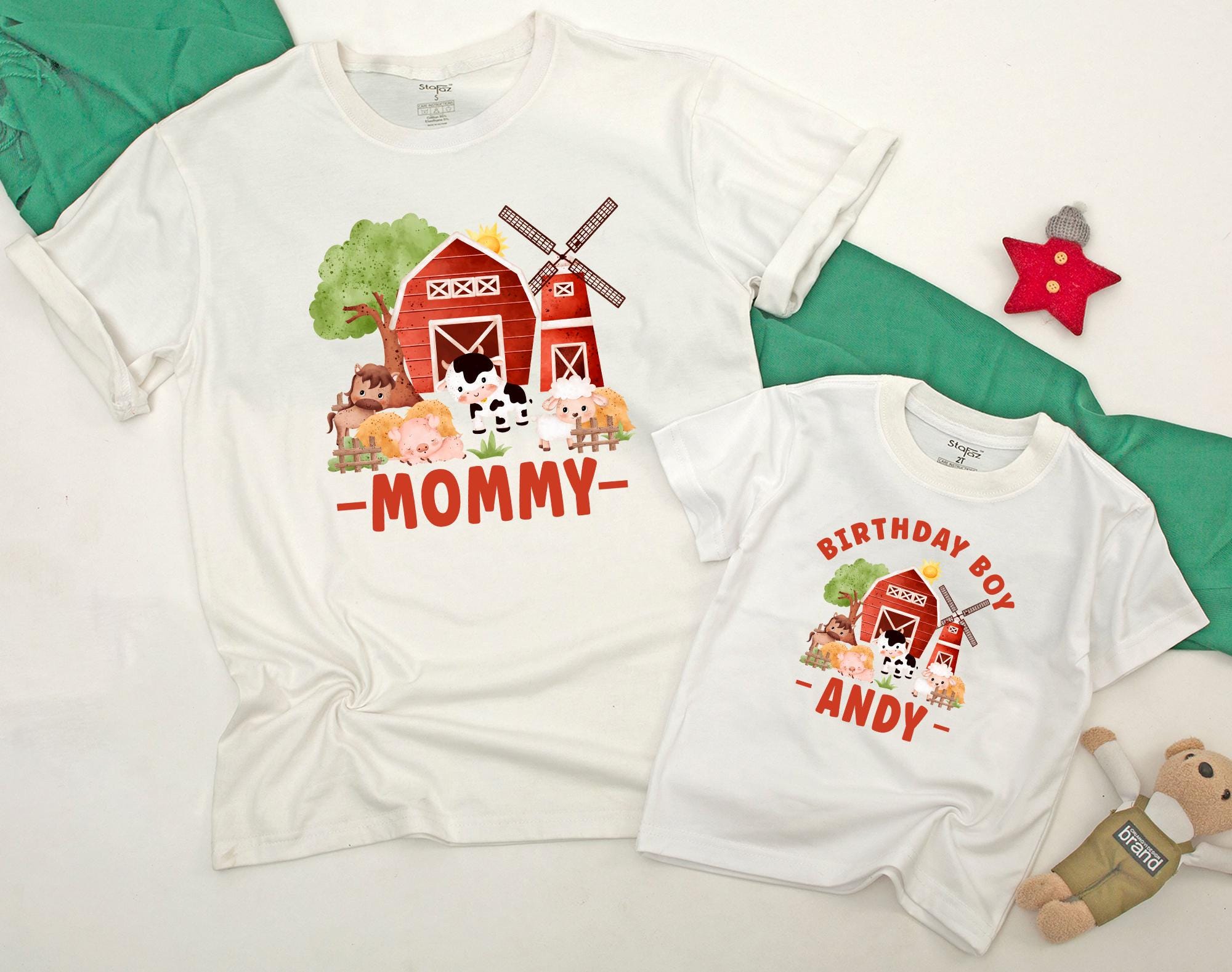 Farm Theme 1st Birthday Family Matching Shirts Barnyard Baby Boy Outfit Personalized Andy Red Barn Animals Playful Design