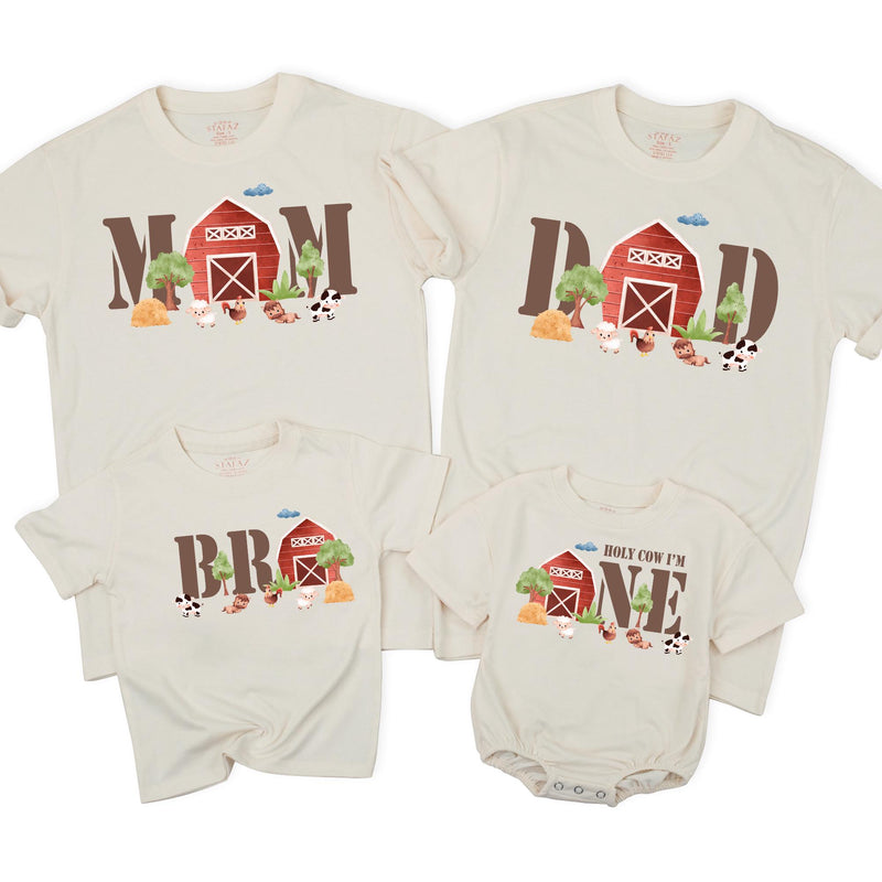 Farm Theme First Birthday Family Matching Shirts with Red Barn Animals Rustic Cotton Tee for Baby, Mom, Dad, Brother Birthday Party