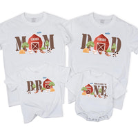 Farm Theme First Birthday Family Matching Shirts with Red Barn Animals Rustic Cotton Tee for Baby, Mom, Dad, Brother Birthday Party