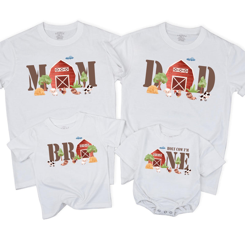 Farm Theme First Birthday Family Matching Shirts with Red Barn Animals Rustic Cotton Tee for Baby, Mom, Dad, Brother Birthday Party