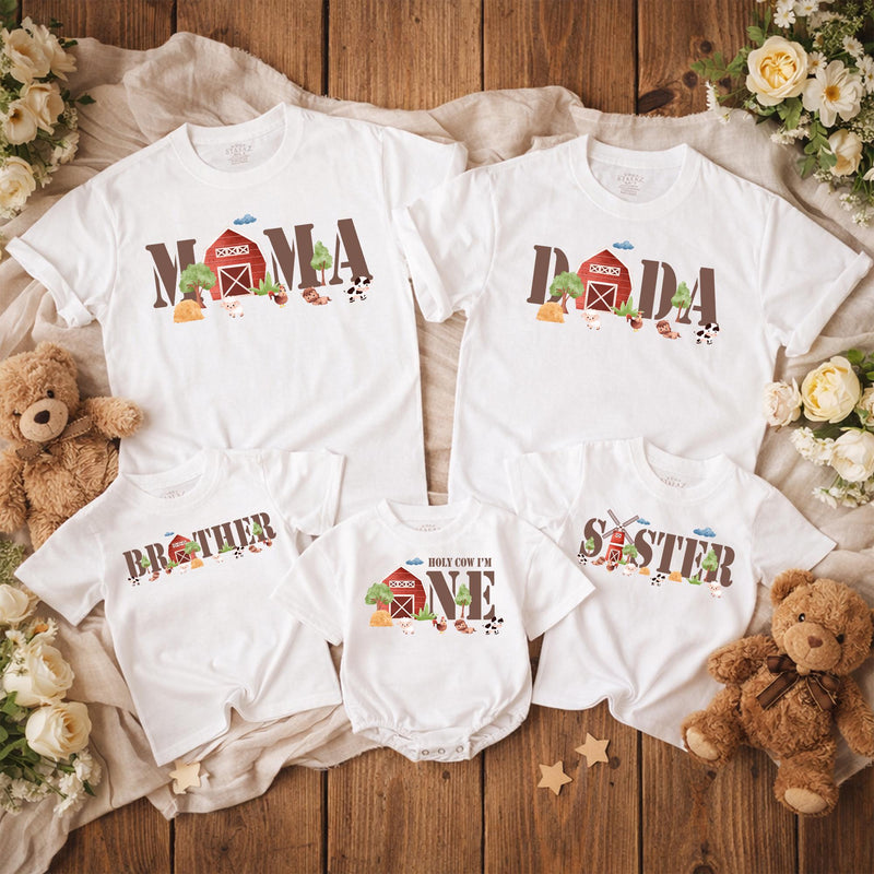 Farm Theme First Birthday Matching Family Shirts Custom Cow and Barn Design Baby Toddler Girl Boy Outfit Rustic Farm Animal Party Tee