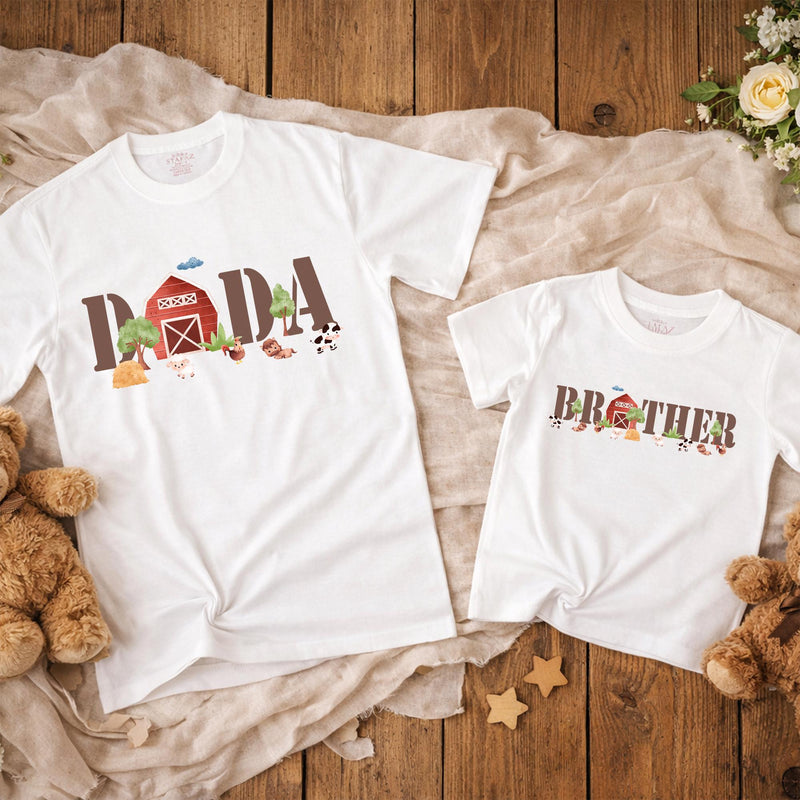Farm Theme First Birthday Matching Family Shirts Custom Cow and Barn Design Baby Toddler Girl Boy Outfit Rustic Farm Animal Party Tee