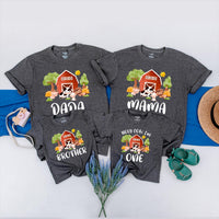 Farm Theme First Birthday Shirt with Custom Names Vibrant Barnyard Design Matching Family Tees Cow Pig Sheep Toddler Party Outfit Gift