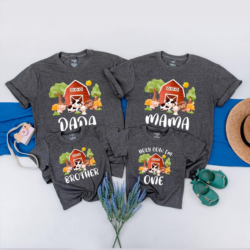 Farm Theme First Birthday Shirt with Custom Names Vibrant Barnyard Design Matching Family Tees Cow Pig Sheep Toddler Party Outfit Gift