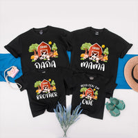 Farm Theme First Birthday Shirt with Custom Names Vibrant Barnyard Design Matching Family Tees Cow Pig Sheep Toddler Party Outfit Gift
