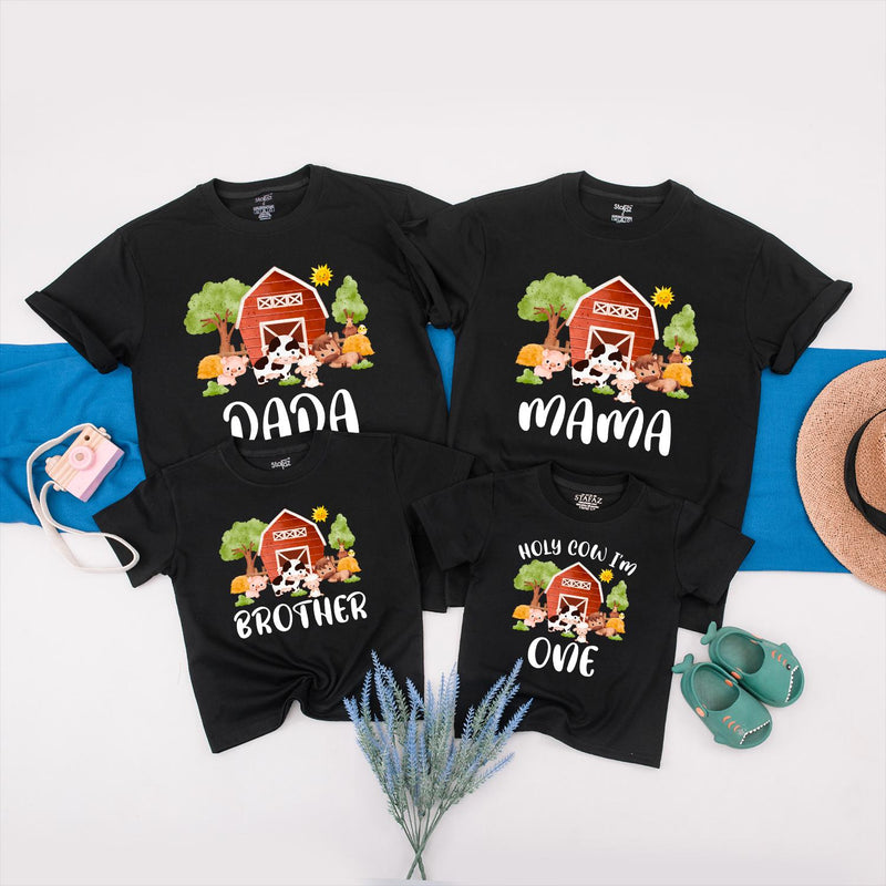 Farm Theme First Birthday Shirt with Custom Names Vibrant Barnyard Design Matching Family Tees Cow Pig Sheep Toddler Party Outfit Gift