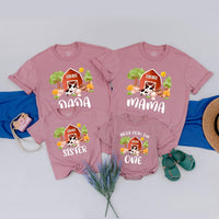 Farm Theme First Birthday Shirt with Custom Names Vibrant Barnyard Design Matching Family Tees Cow Pig Sheep Toddler Party Outfit Gift